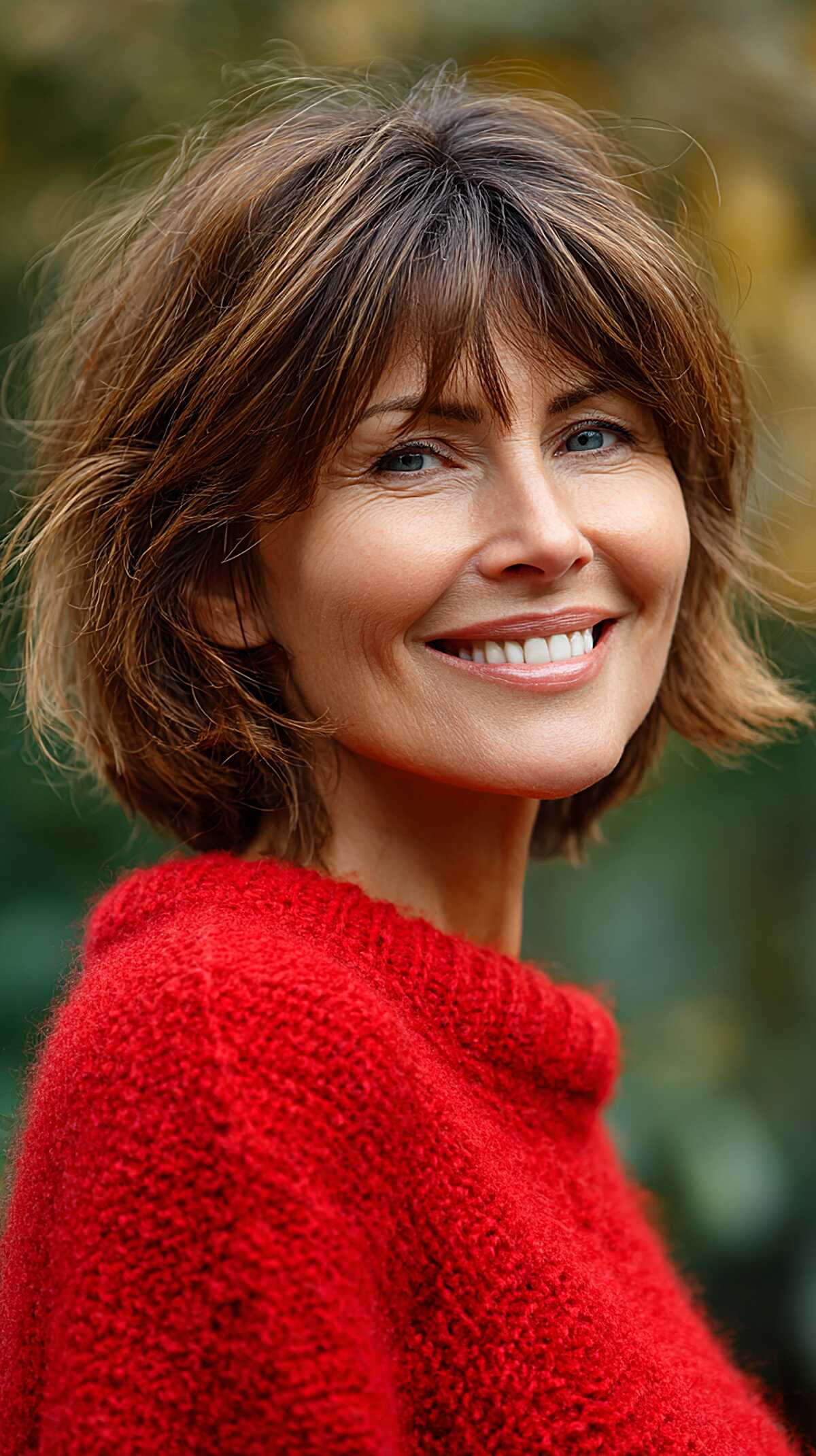 Brunette Chin-Length Shag with Honey Highlights and Feathered Fringe