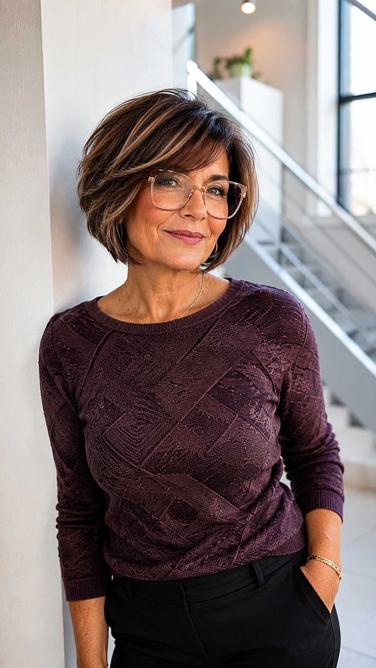 Brunette Highlighted Bob With Flipped Ends and Soft Fringe