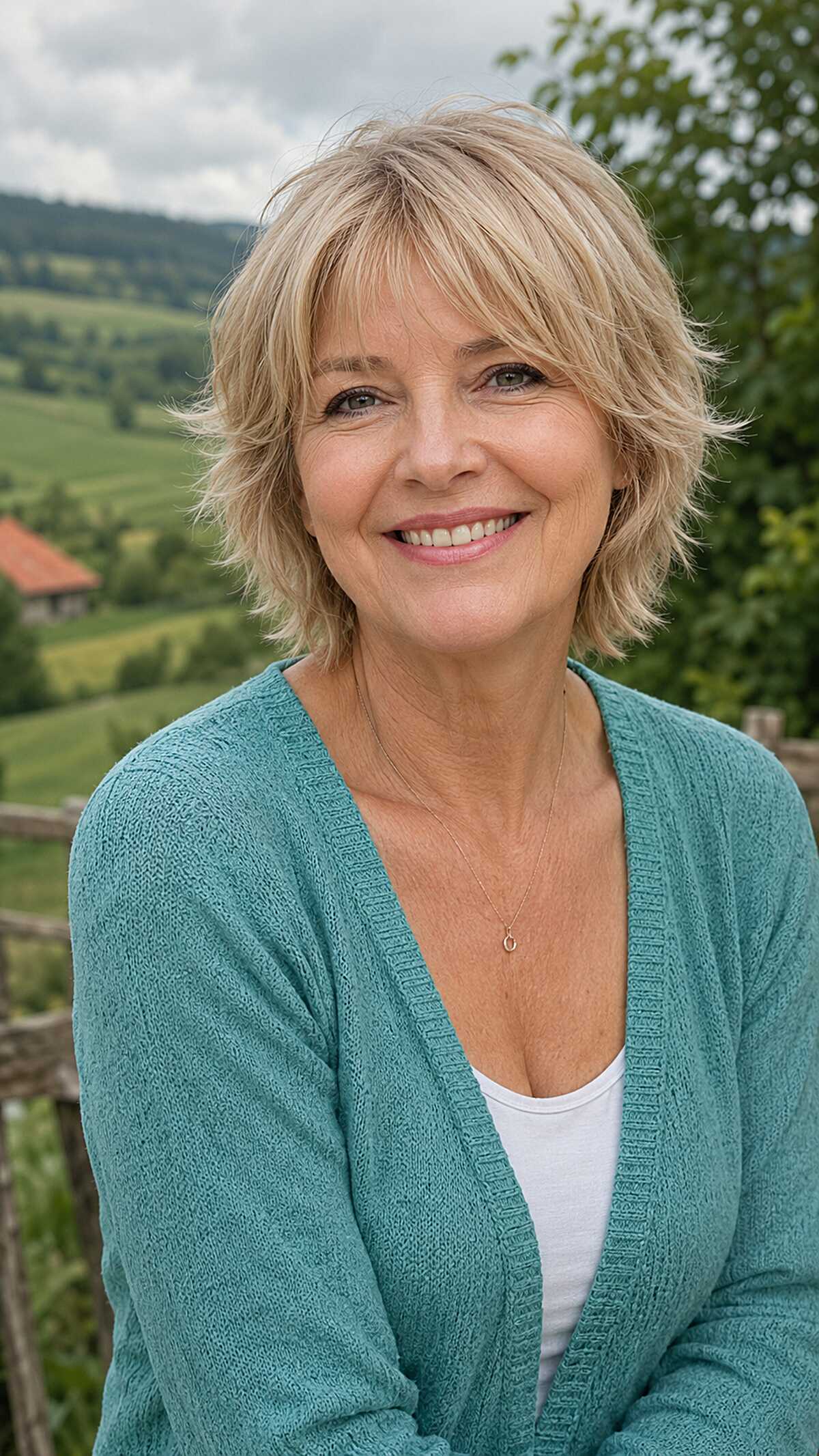 Chin-Length Warm Blonde Shag with Flipped Layers and Curtain Bangs