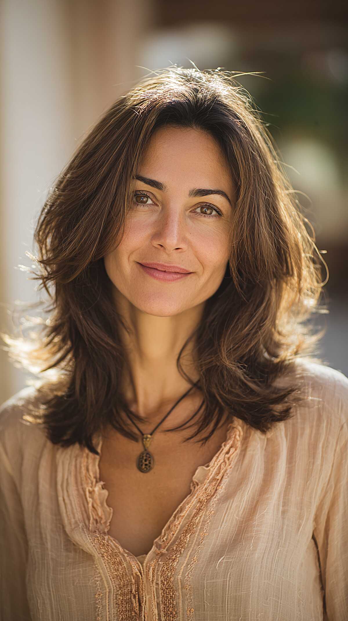 Chocolate brown medium layered hair with warm sun-lit tones