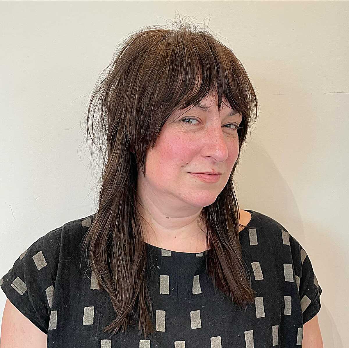Dark brown shag with heavy fringe and choppy layers