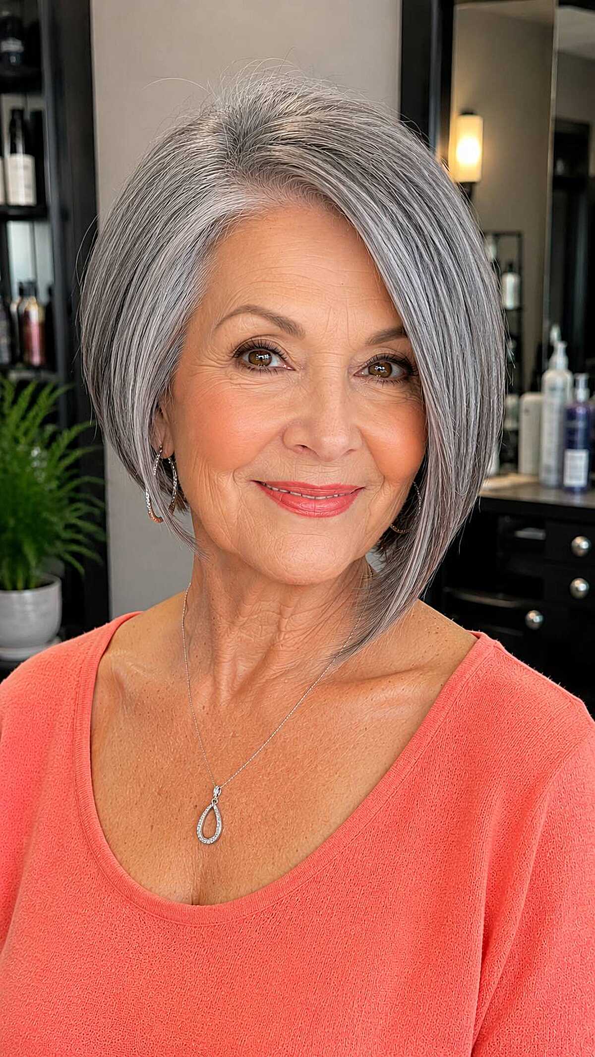 Classic silver A-line bob with deep side part
