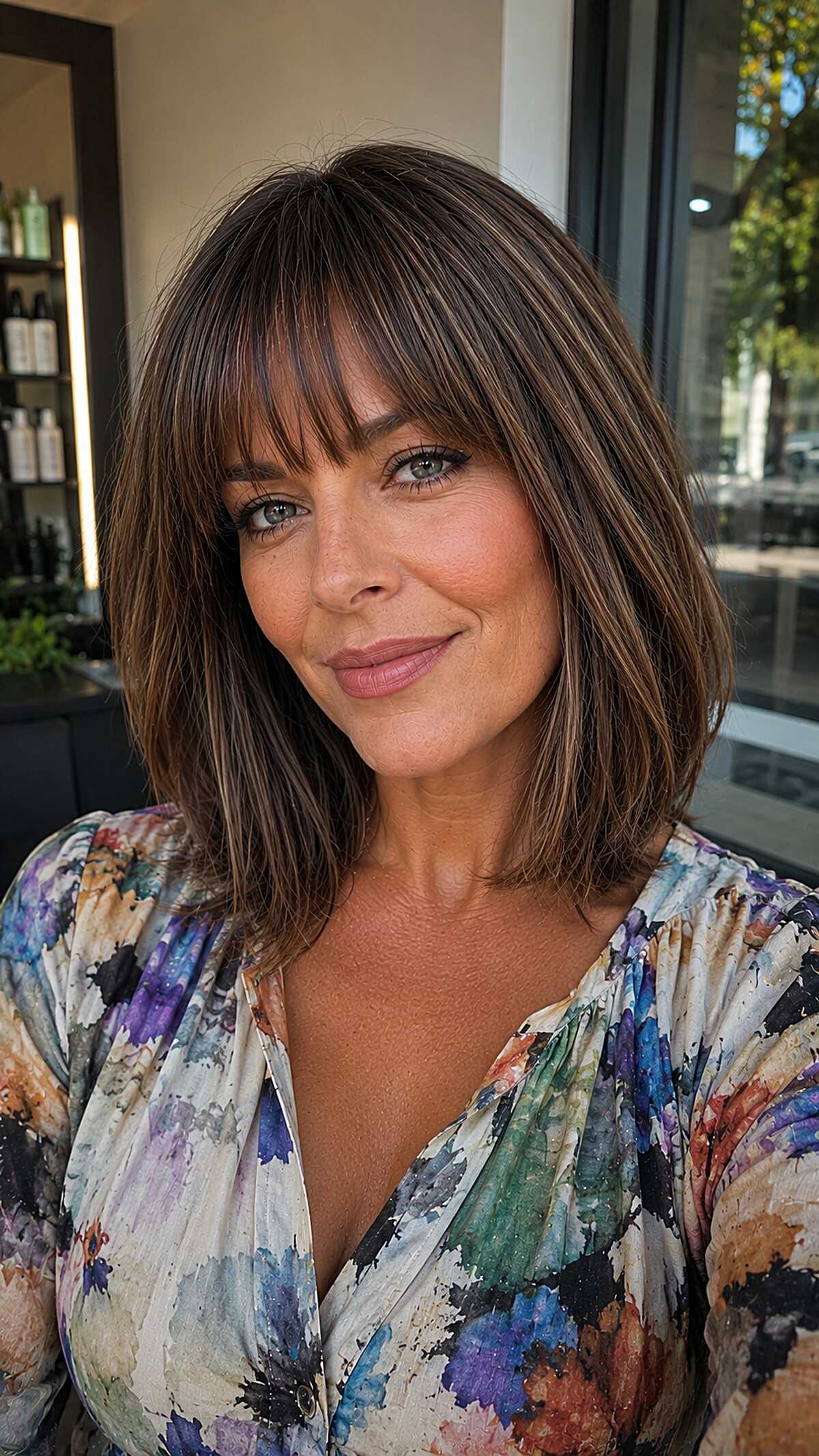 Cool-toned brunette blunt lob with soft wispy fringe