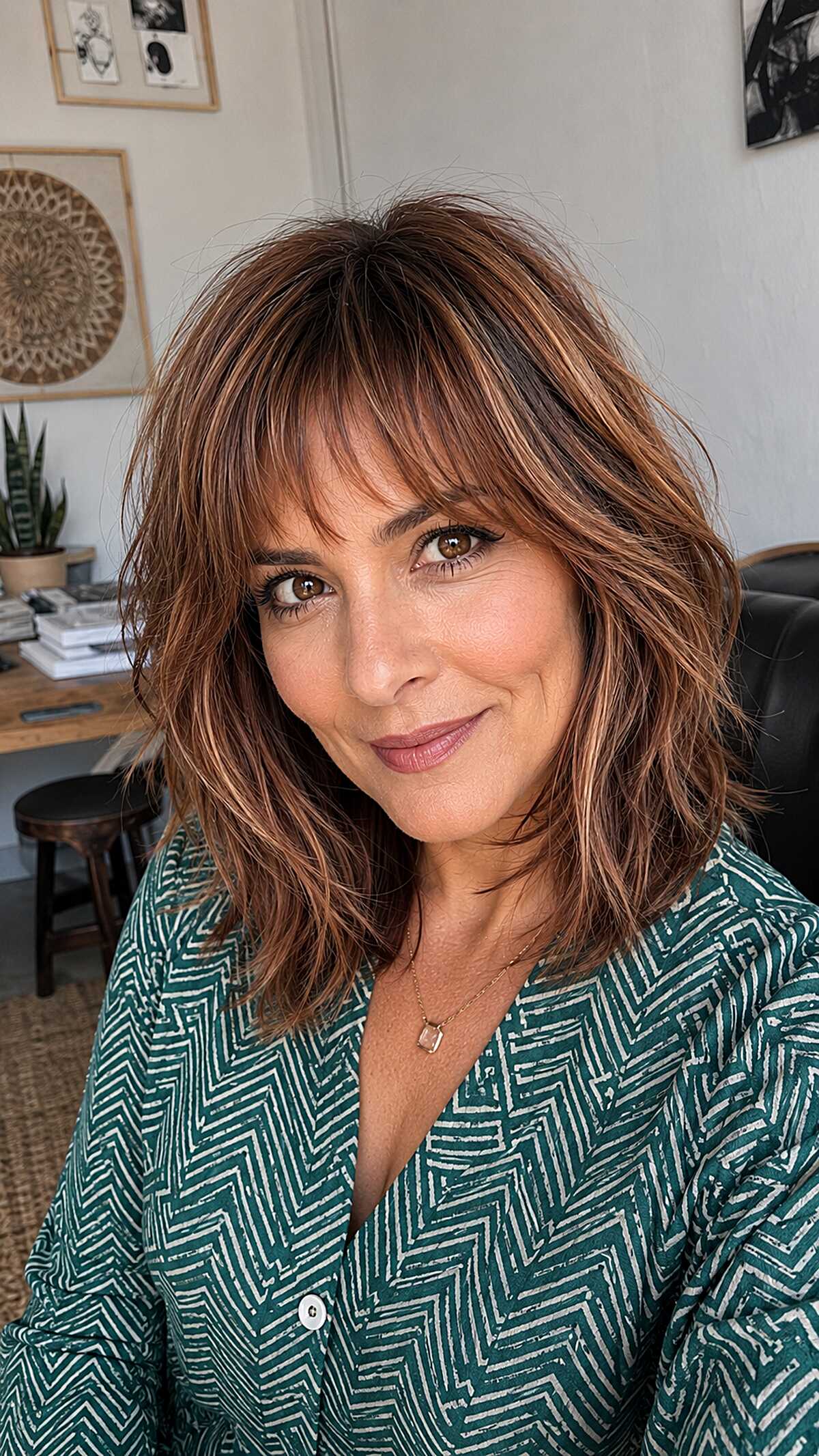 Auburn lob with copper highlights and wispy bangs