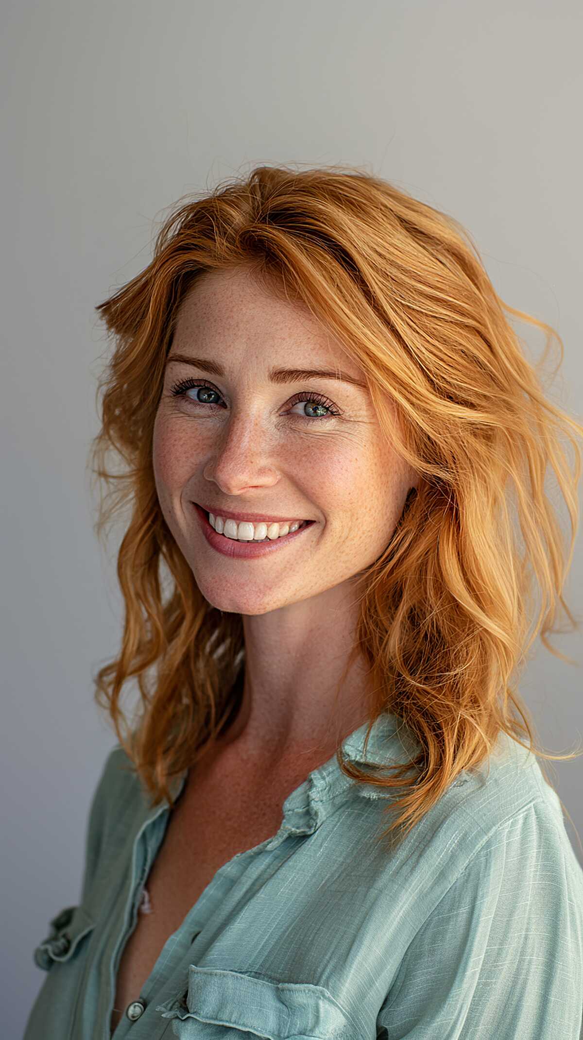 Tousled copper red medium layered hair with waves