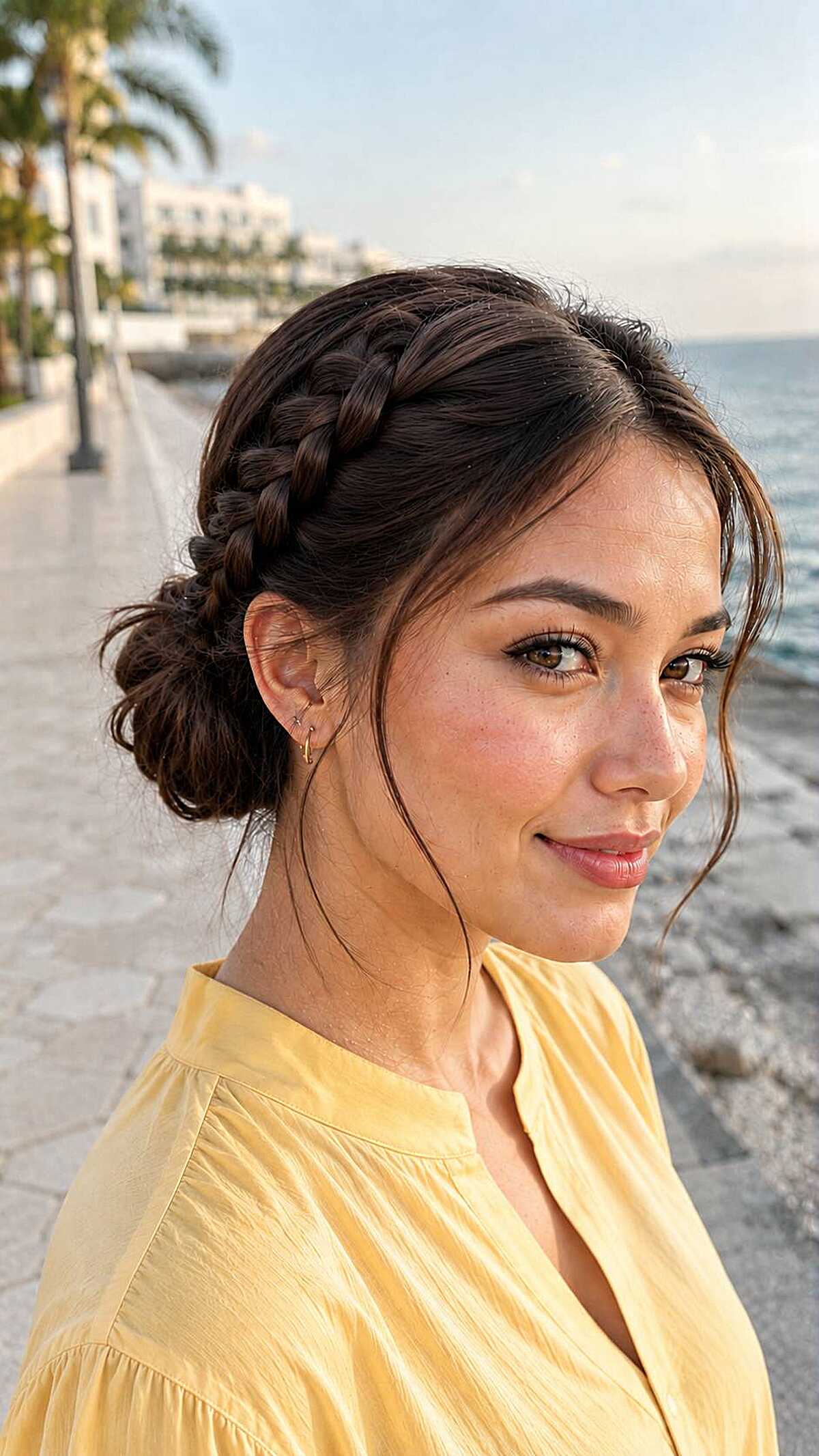 Crown braid wrapping into a small low bun by the ocean