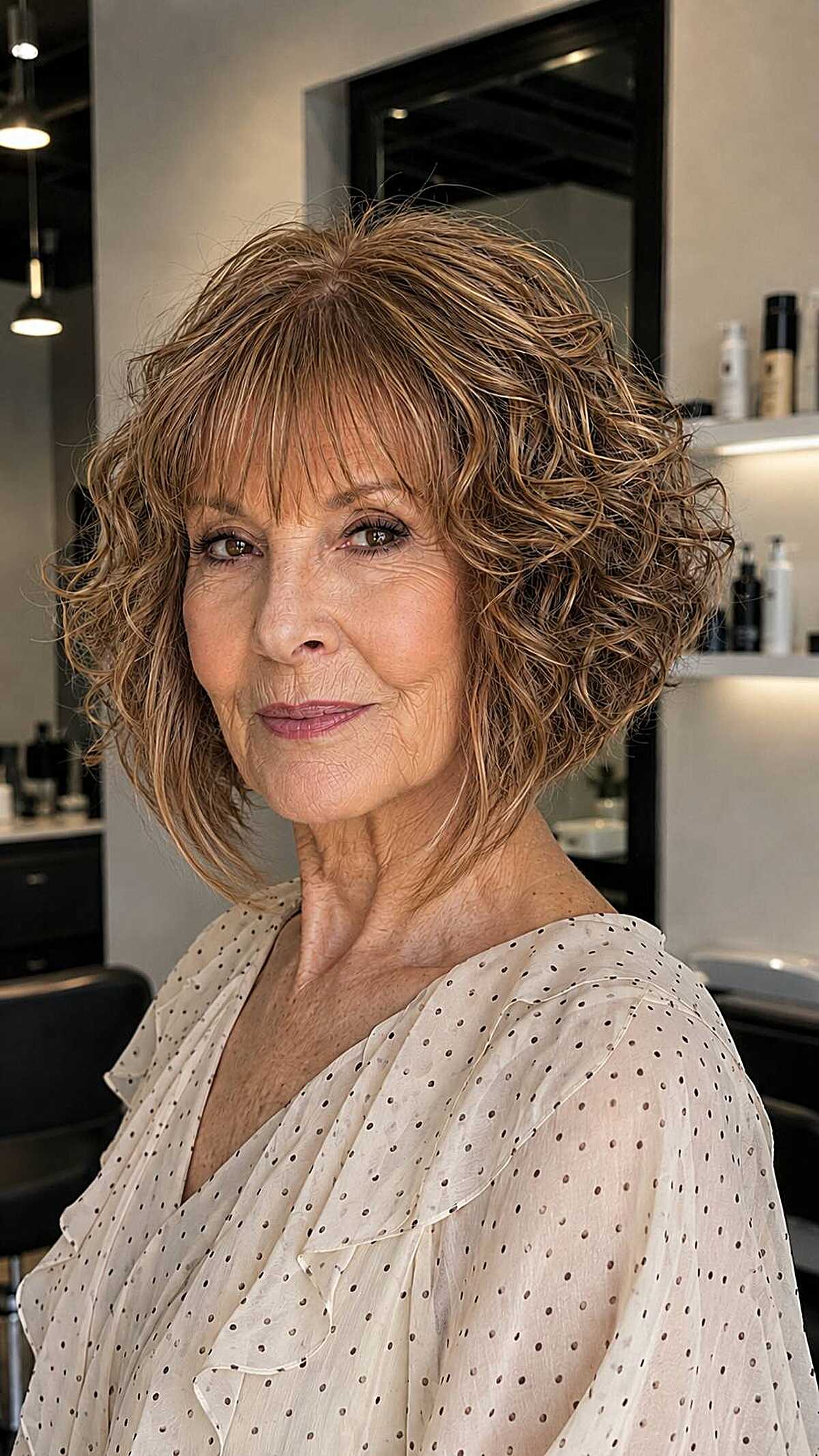 Curly caramel highlighted bob with layered bangs