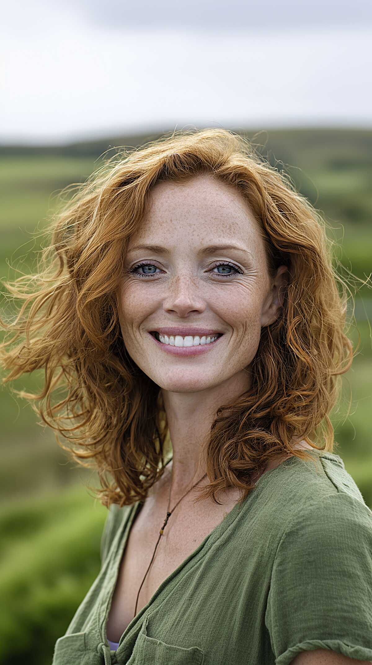 Curly natural copper medium layered hair with volume