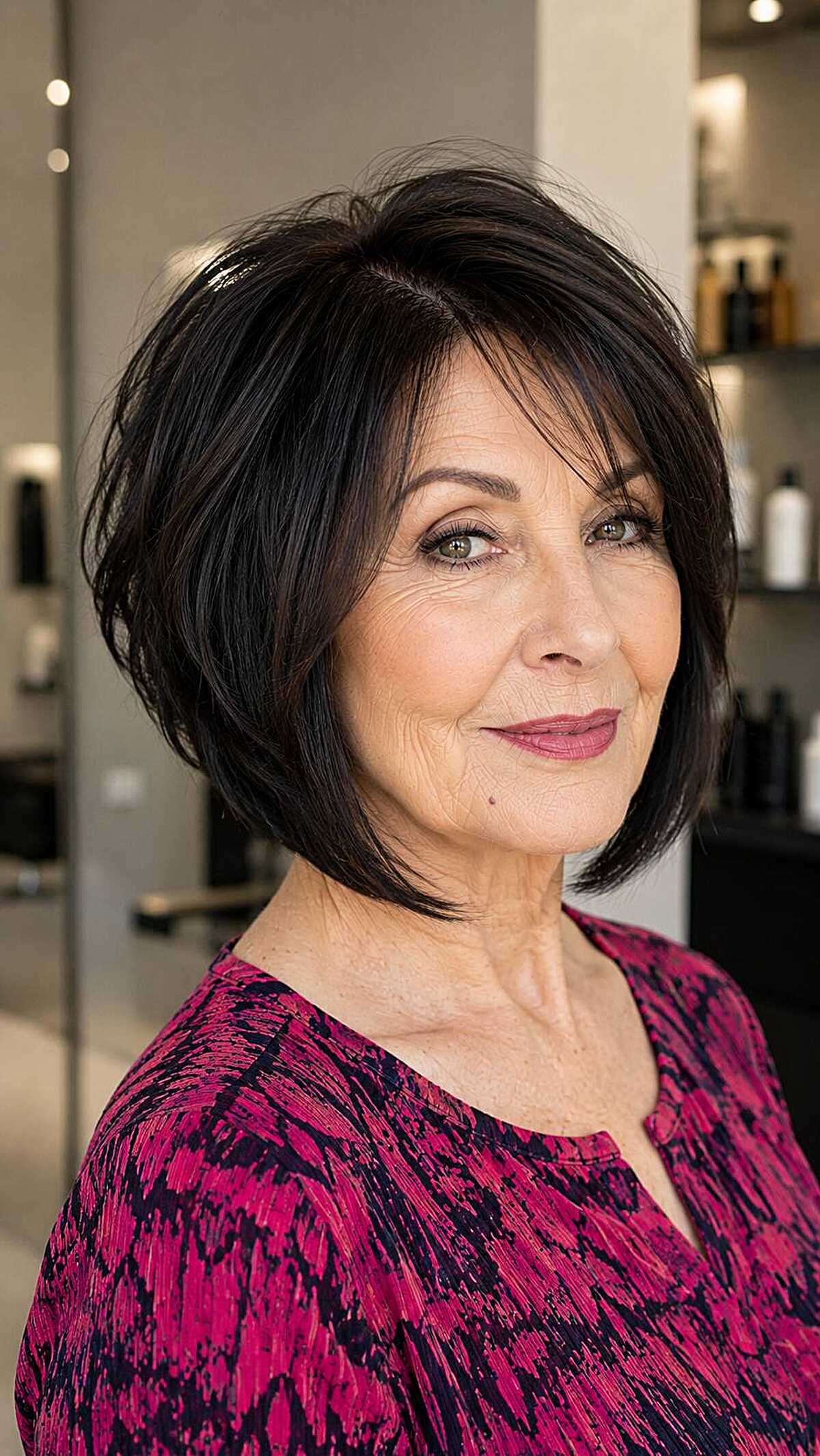 Dark brunette chin-length A-line bob with bangs