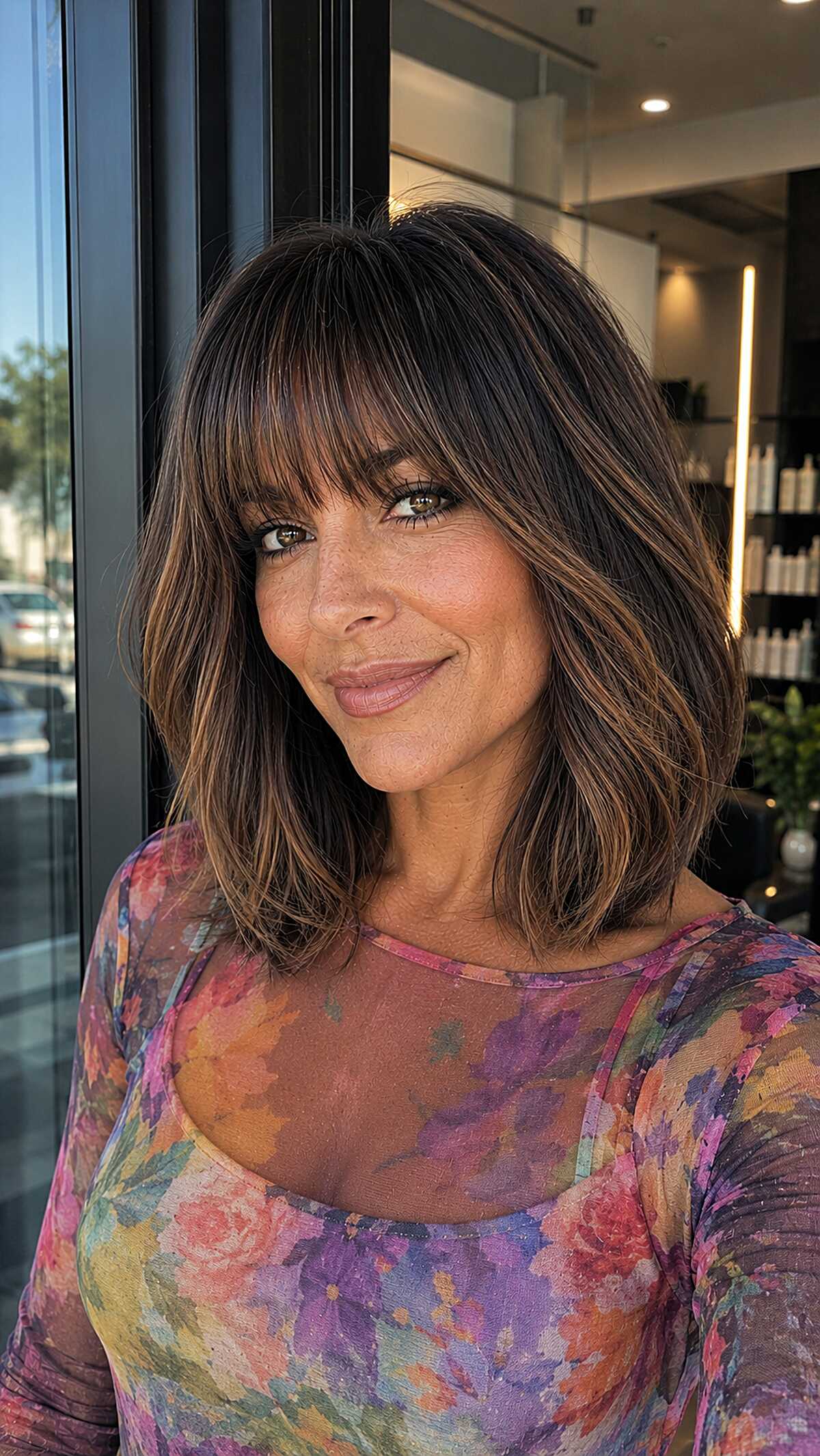 Dark brunette wavy lob with caramel highlights and bangs