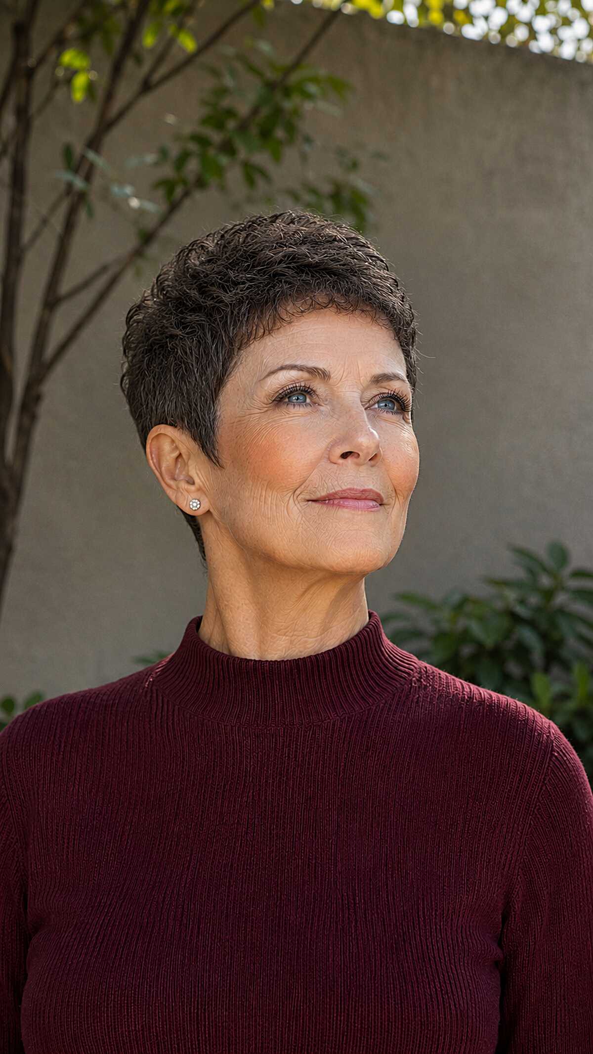 Very short dark brown curly pixie on woman over 60