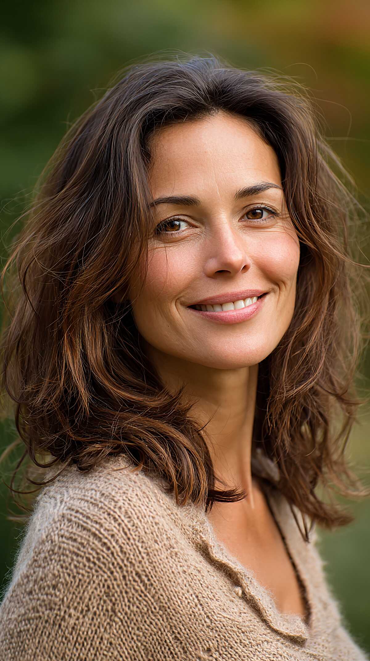 Dark espresso brown wavy medium layered hair