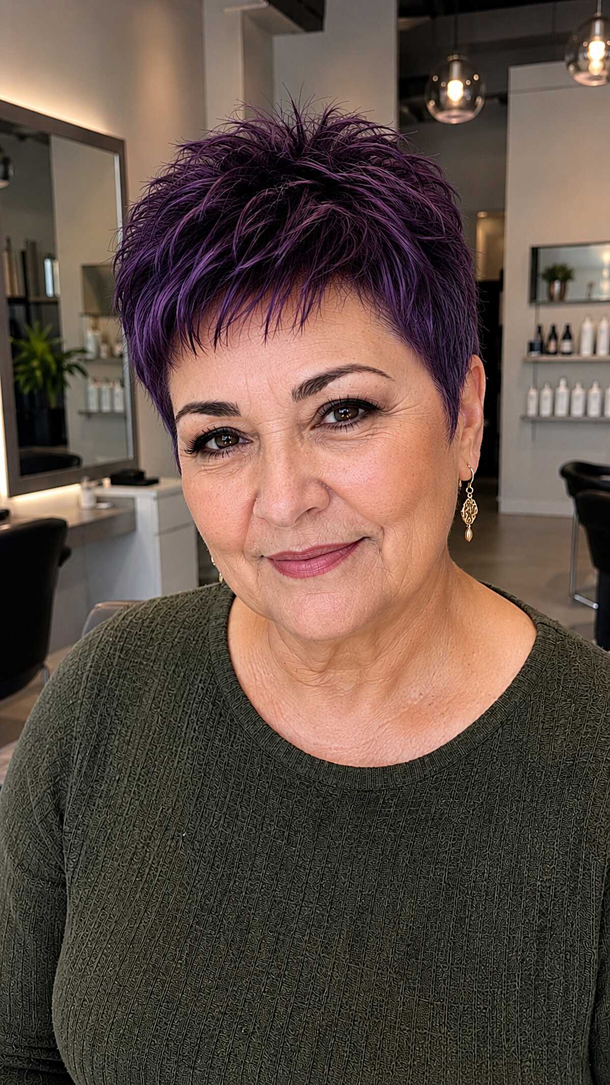Deep purple spiky pixie cut on woman over 60
