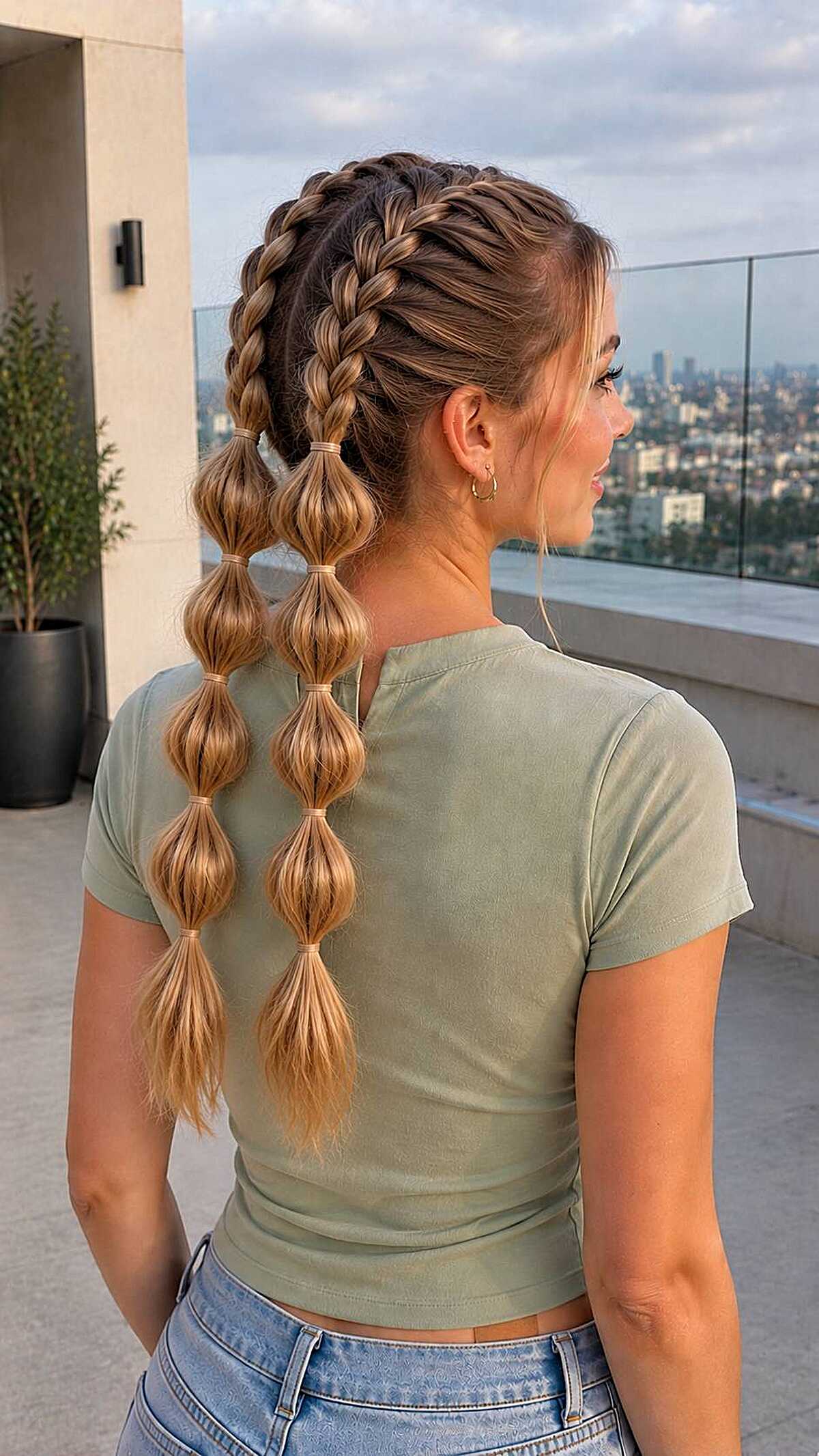 Two Dutch braids leading into long bubble ponytails
