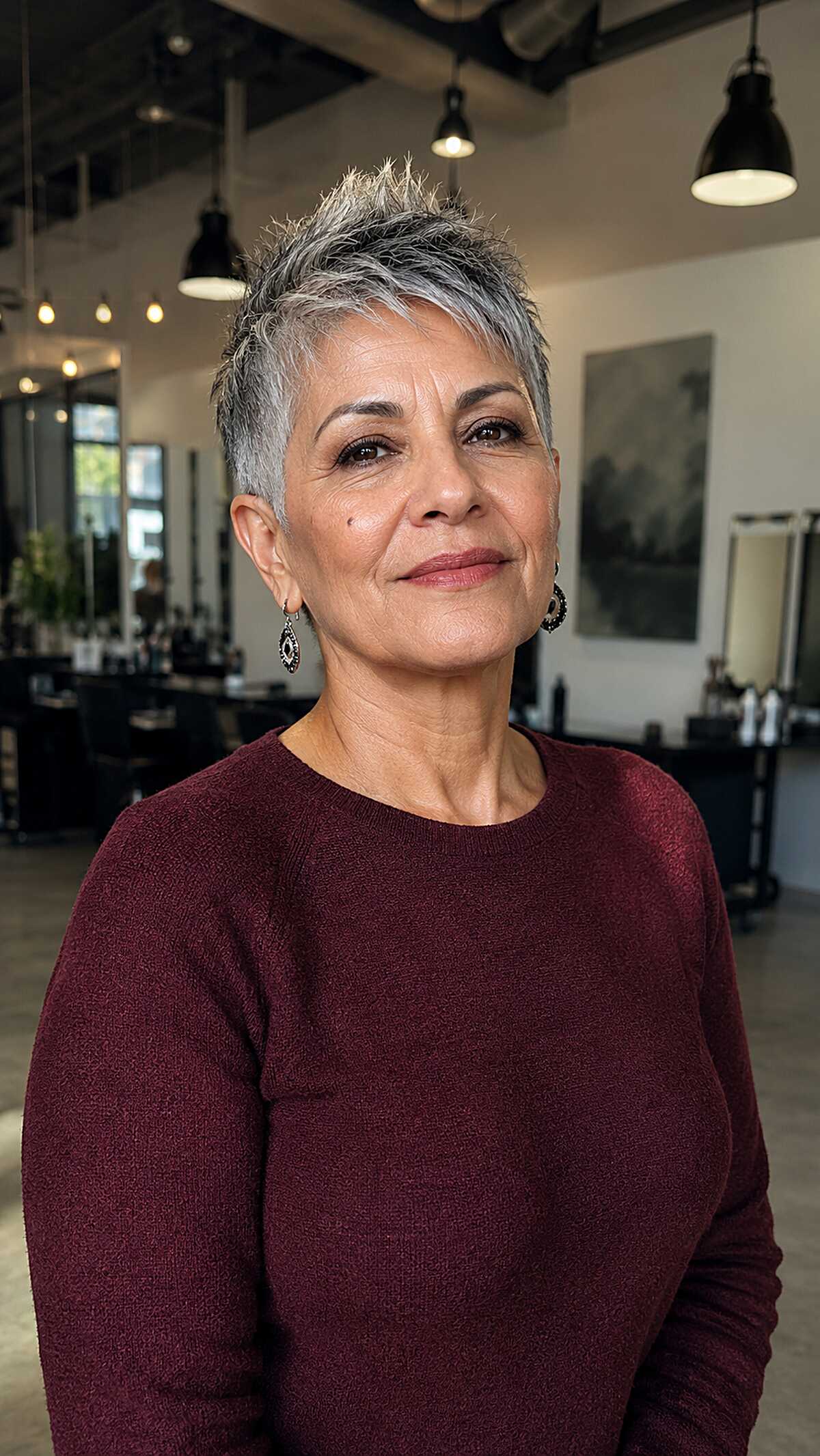 Very short spiky silver pixie on woman in salon