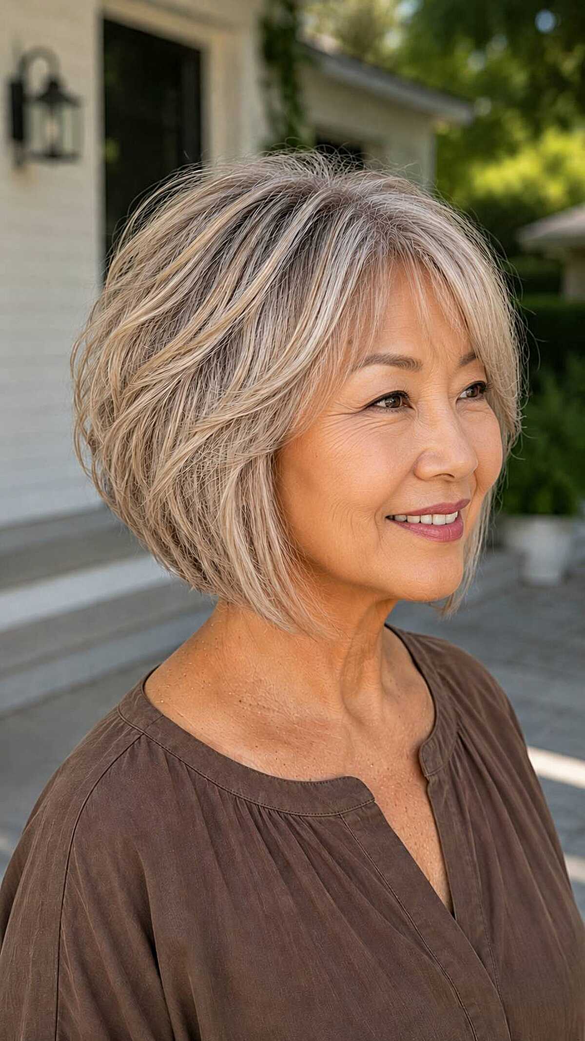 Feathered ash blonde A-line bob with soft layers