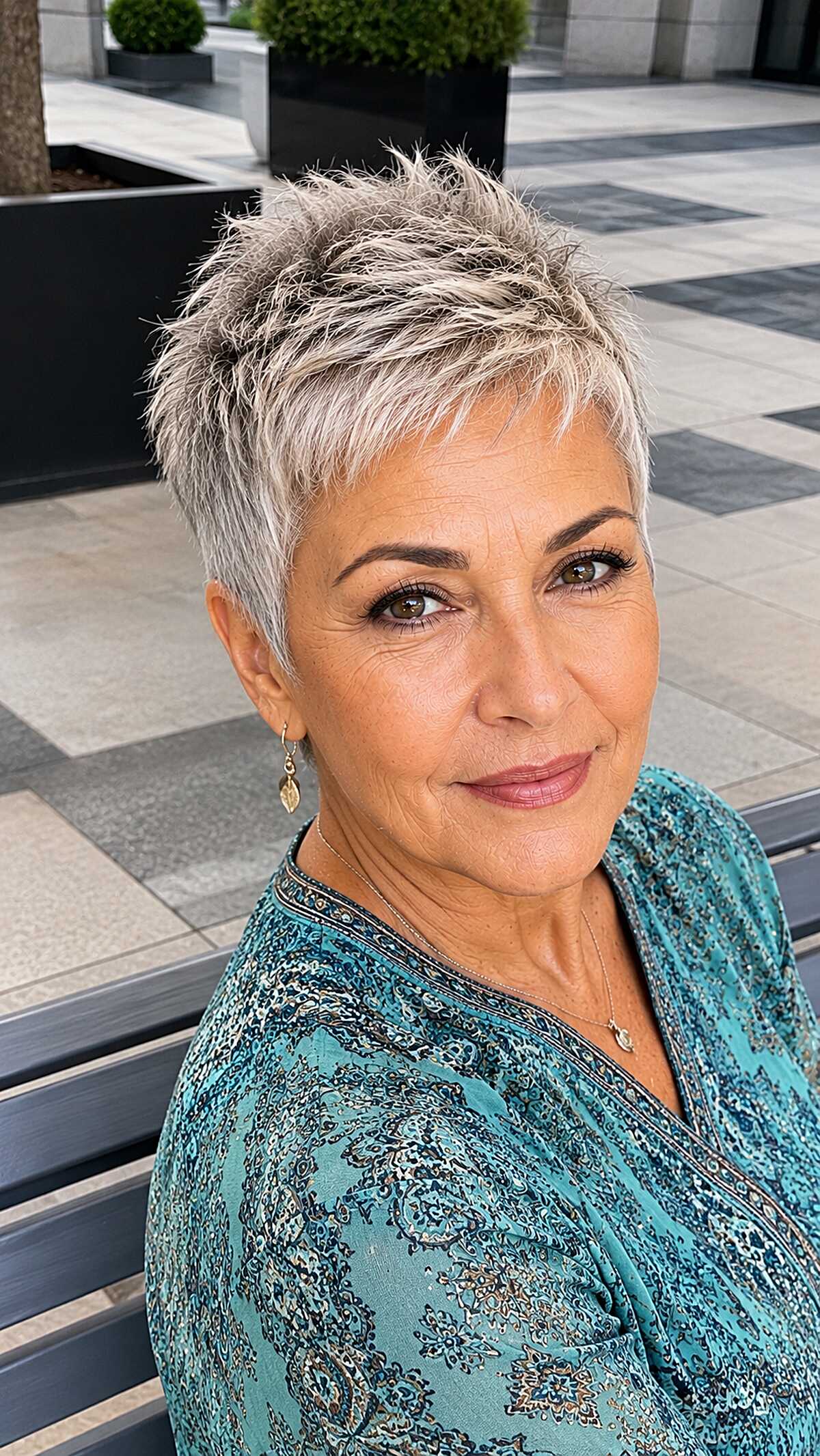 Spiky silver and ash blonde pixie on older woman