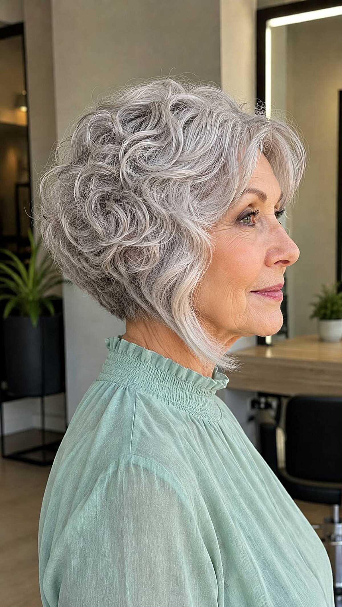 Full silver curly A-line bob with volume
