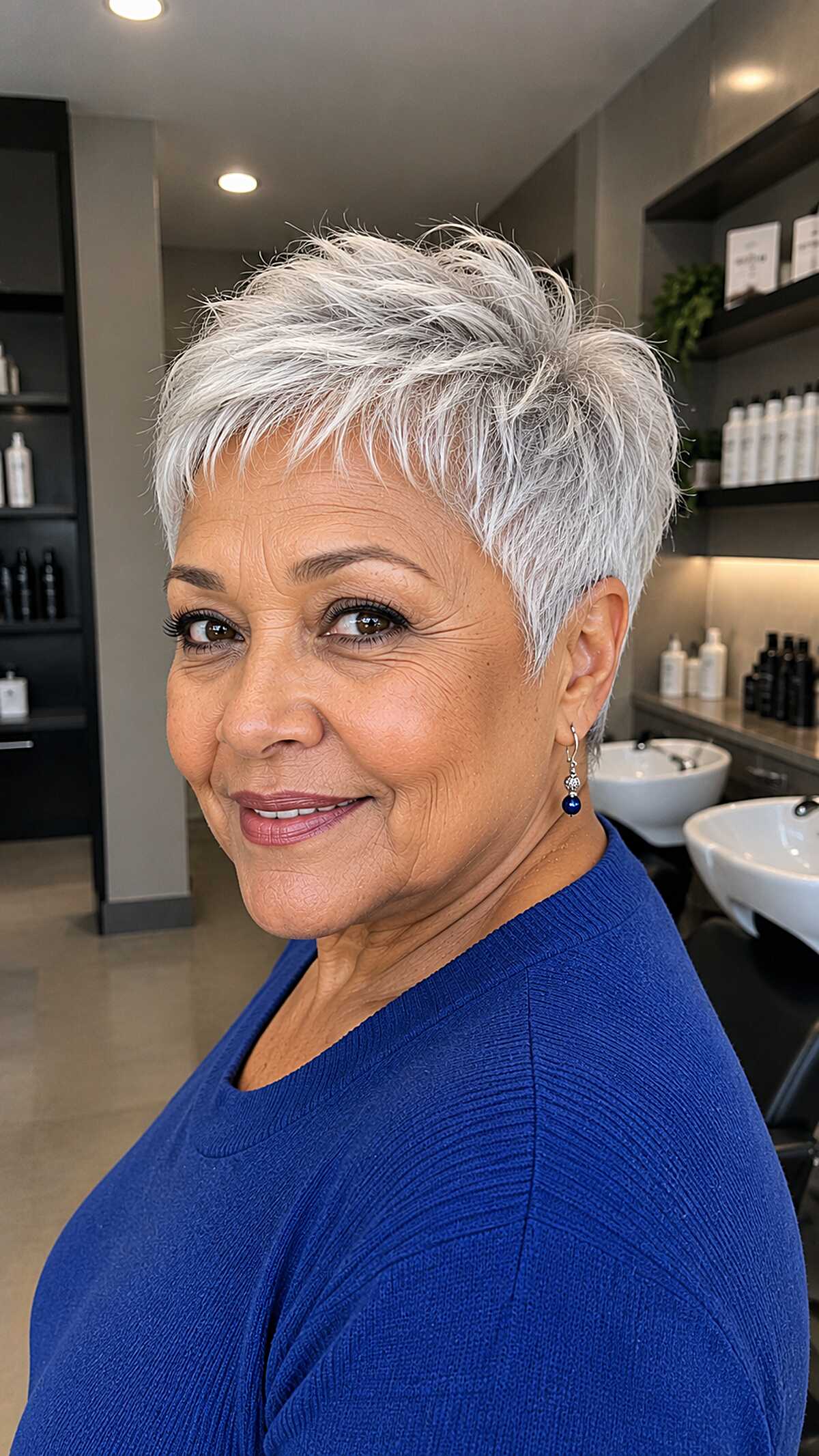 Voluminous silver pixie swept to side on older woman