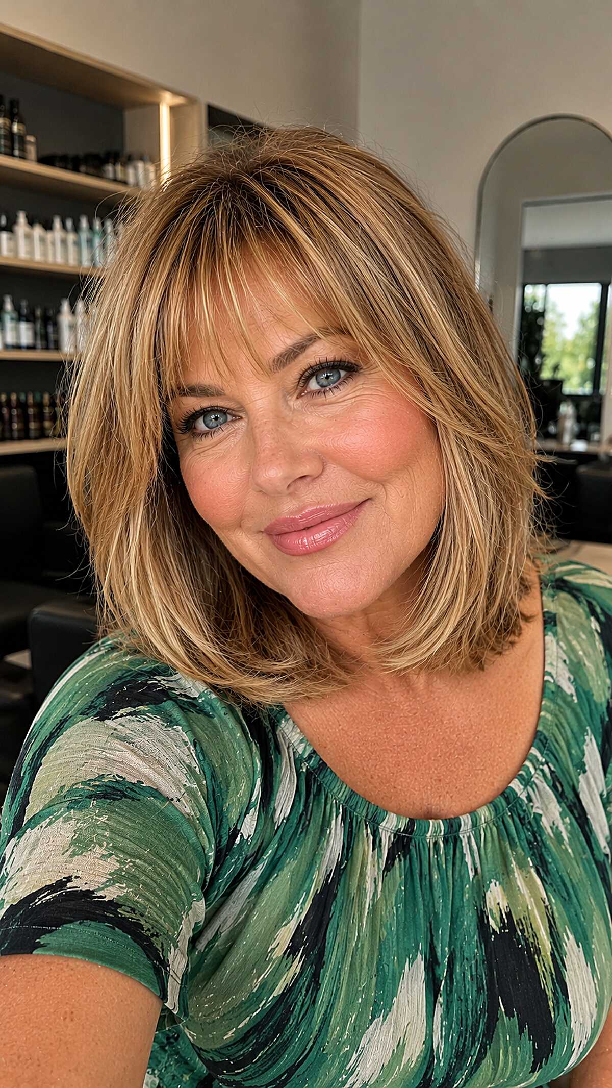 Golden blonde layered lob with soft feathered bangs