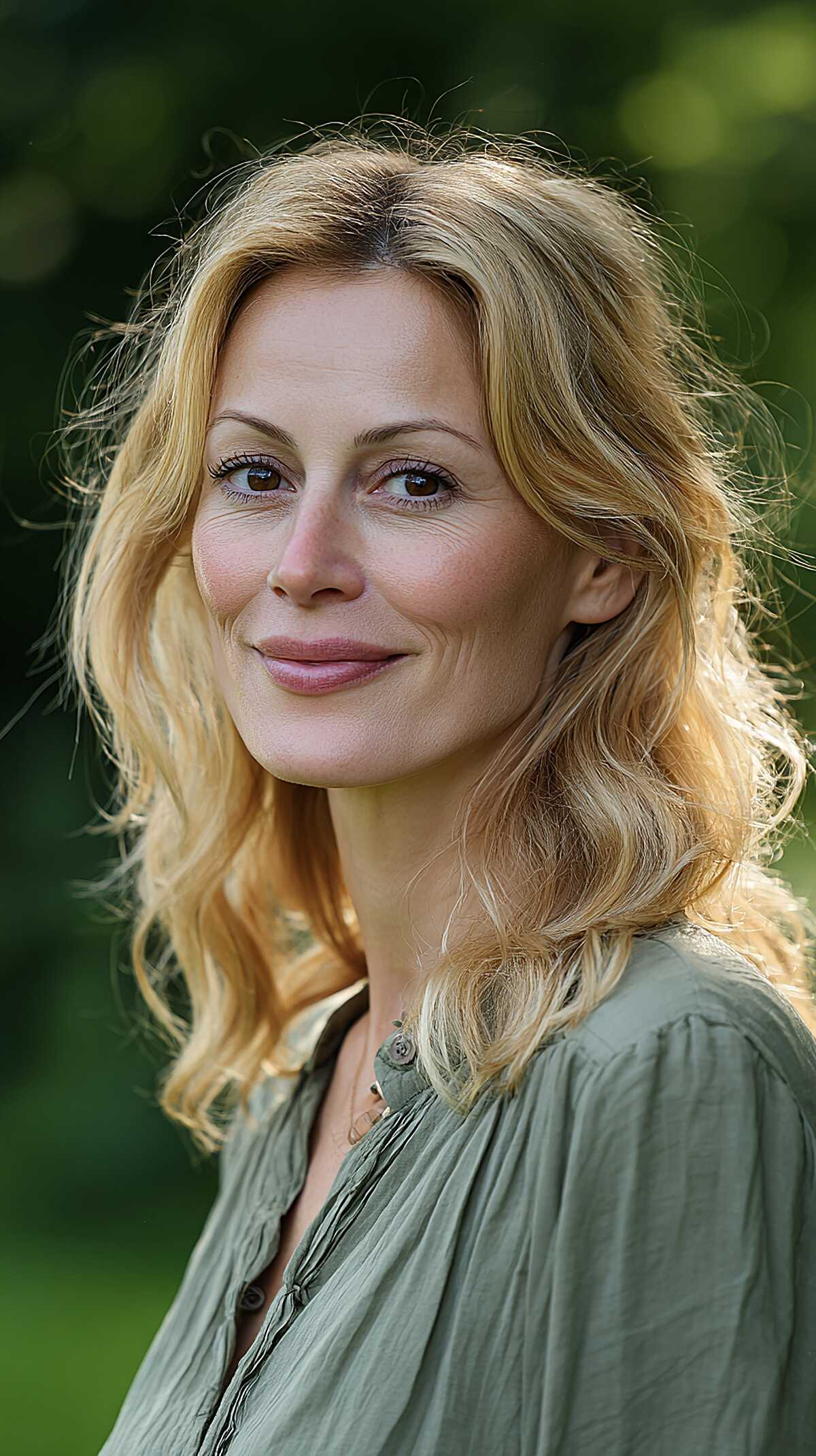 Golden honey blonde medium layered hair with loose waves