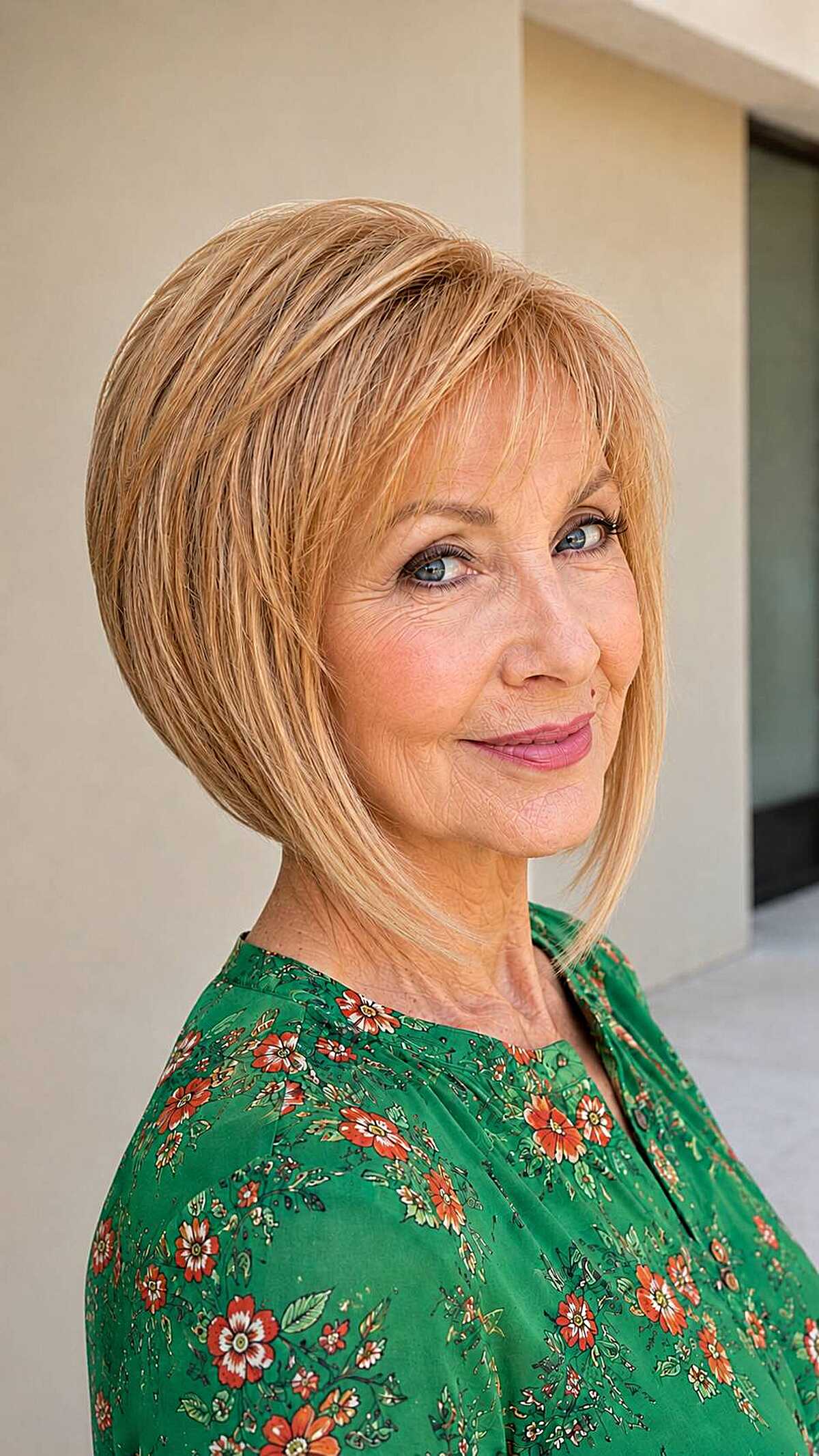 Honey blonde graduated bob with deep side part