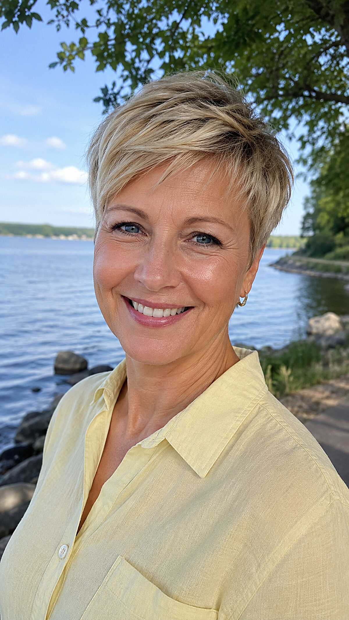 Honey Blonde Pixie with Feathered Forward Fringe