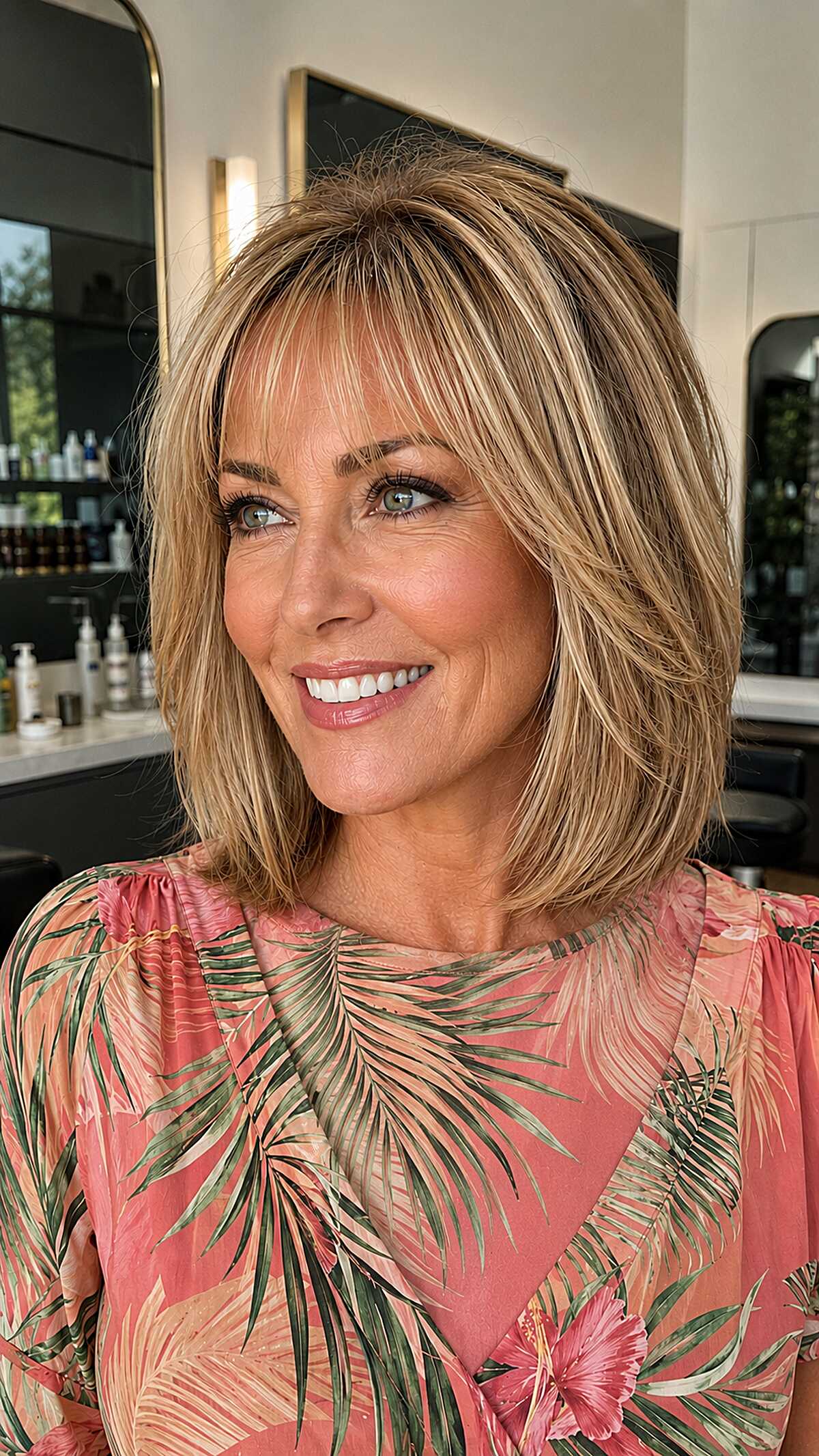 Honey blonde highlighted lob with side-swept bangs