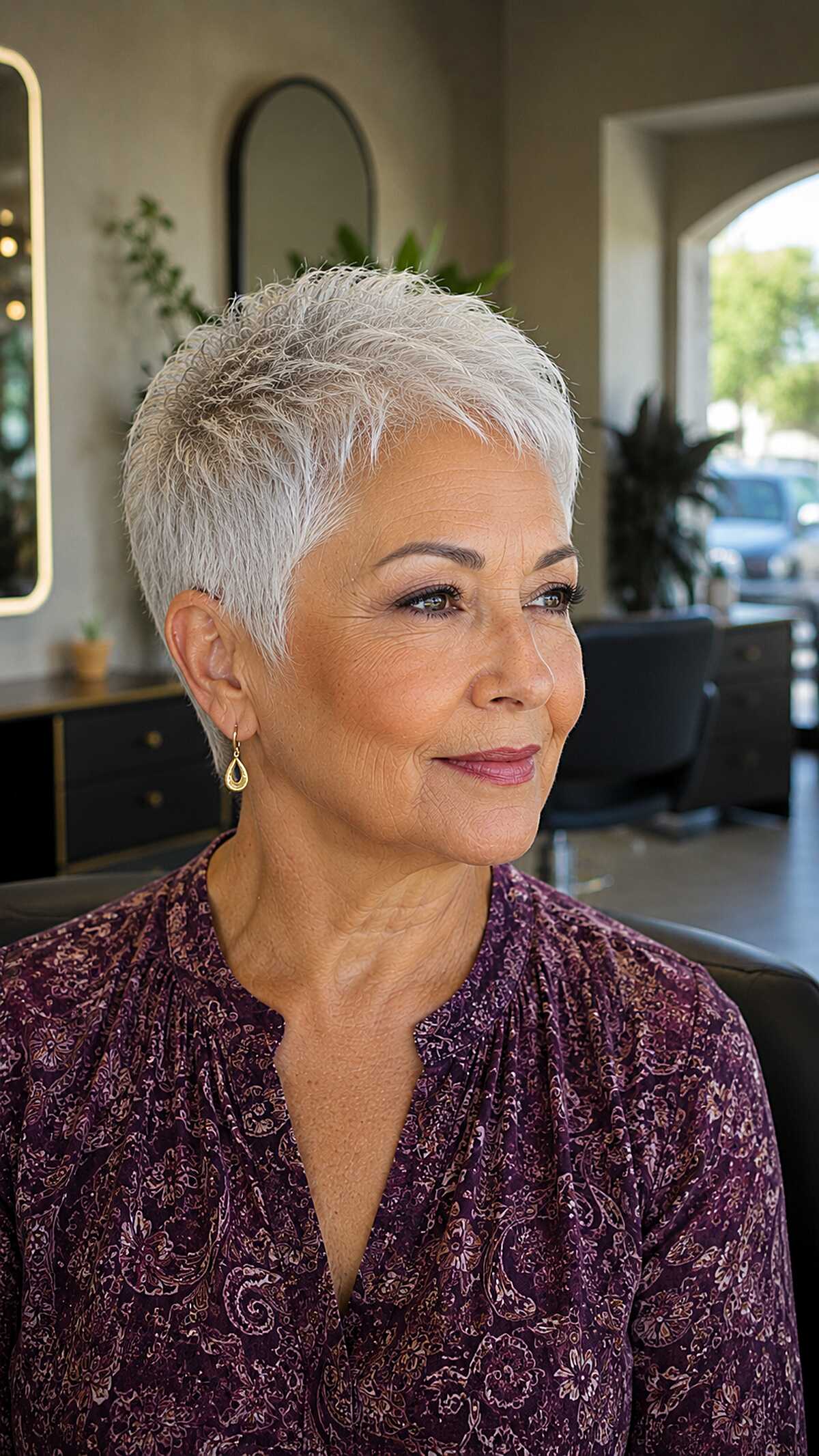 Classic short white pixie with textured top layers
