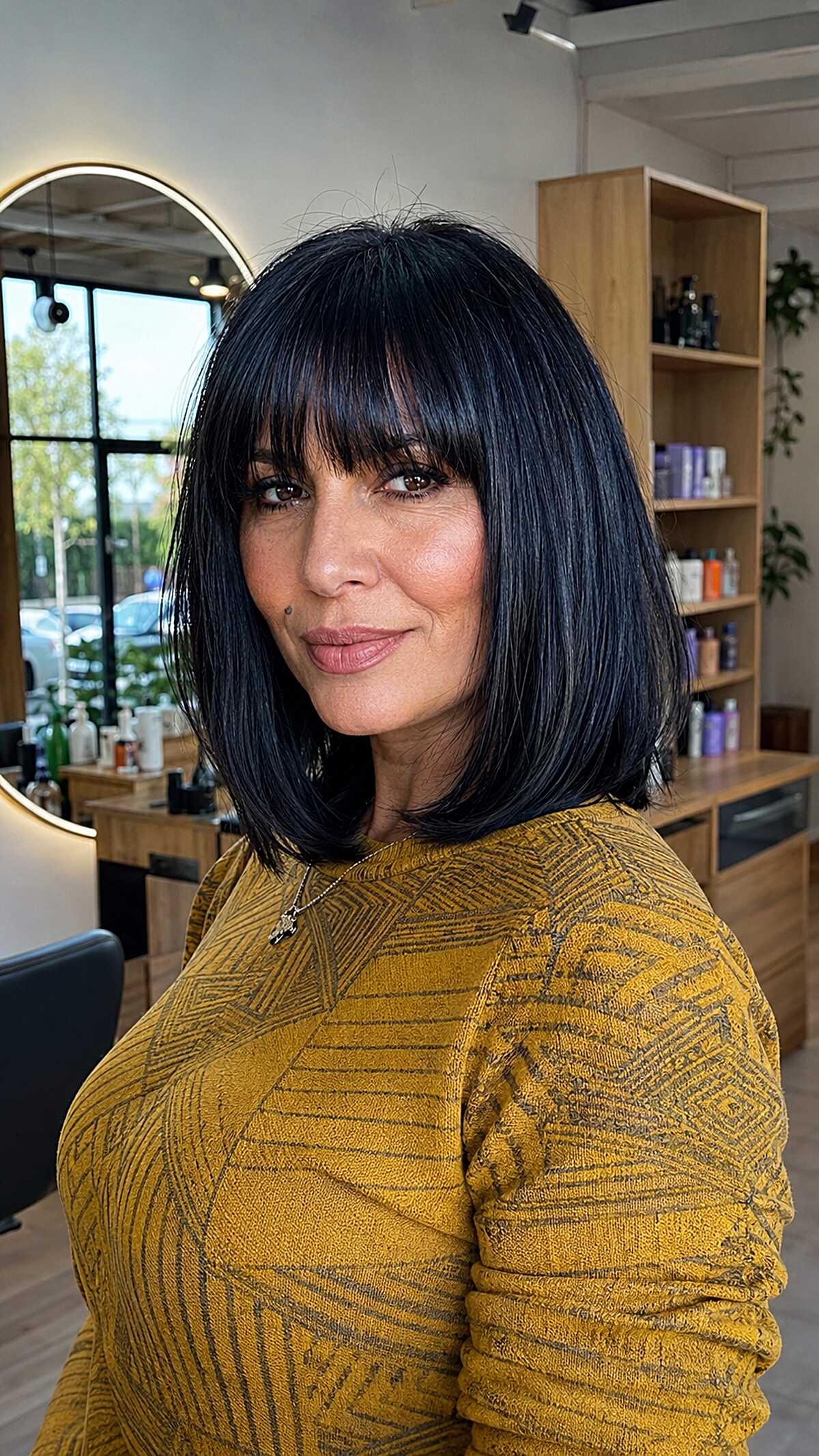 Jet black blunt lob with thick straight bangs