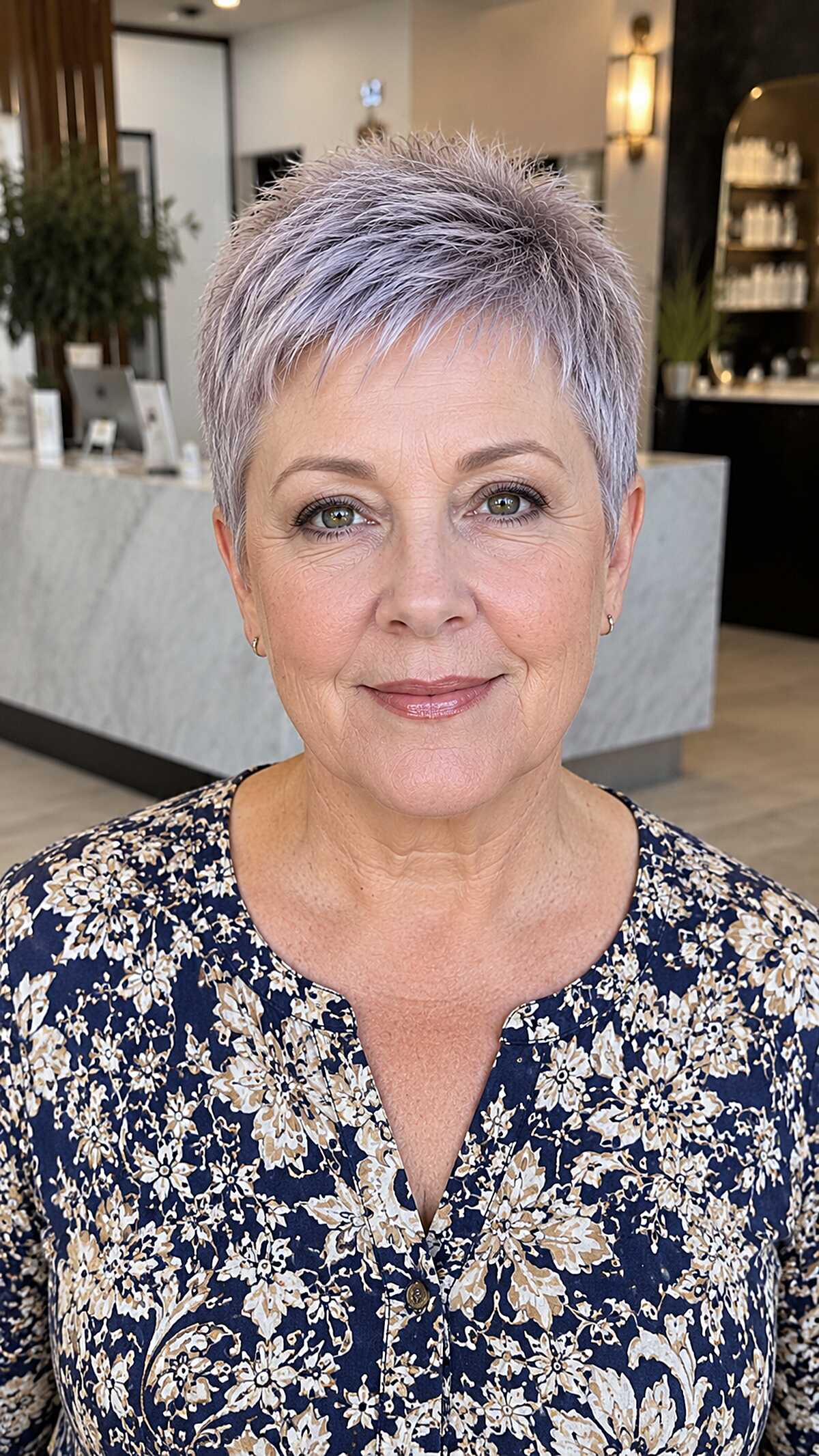 Short lavender-tinted silver pixie on older woman