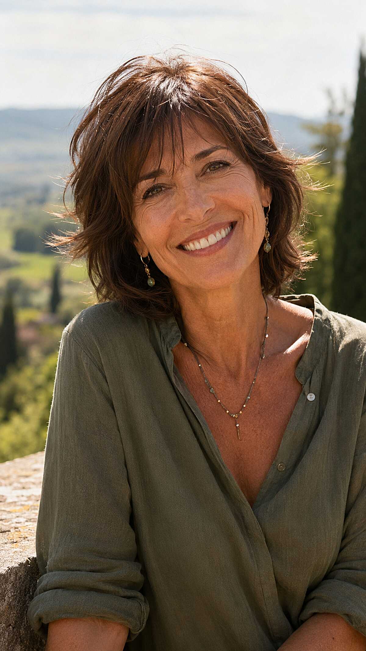 Layered Brunette Neck-Length Shag with Windswept Crown Movement
