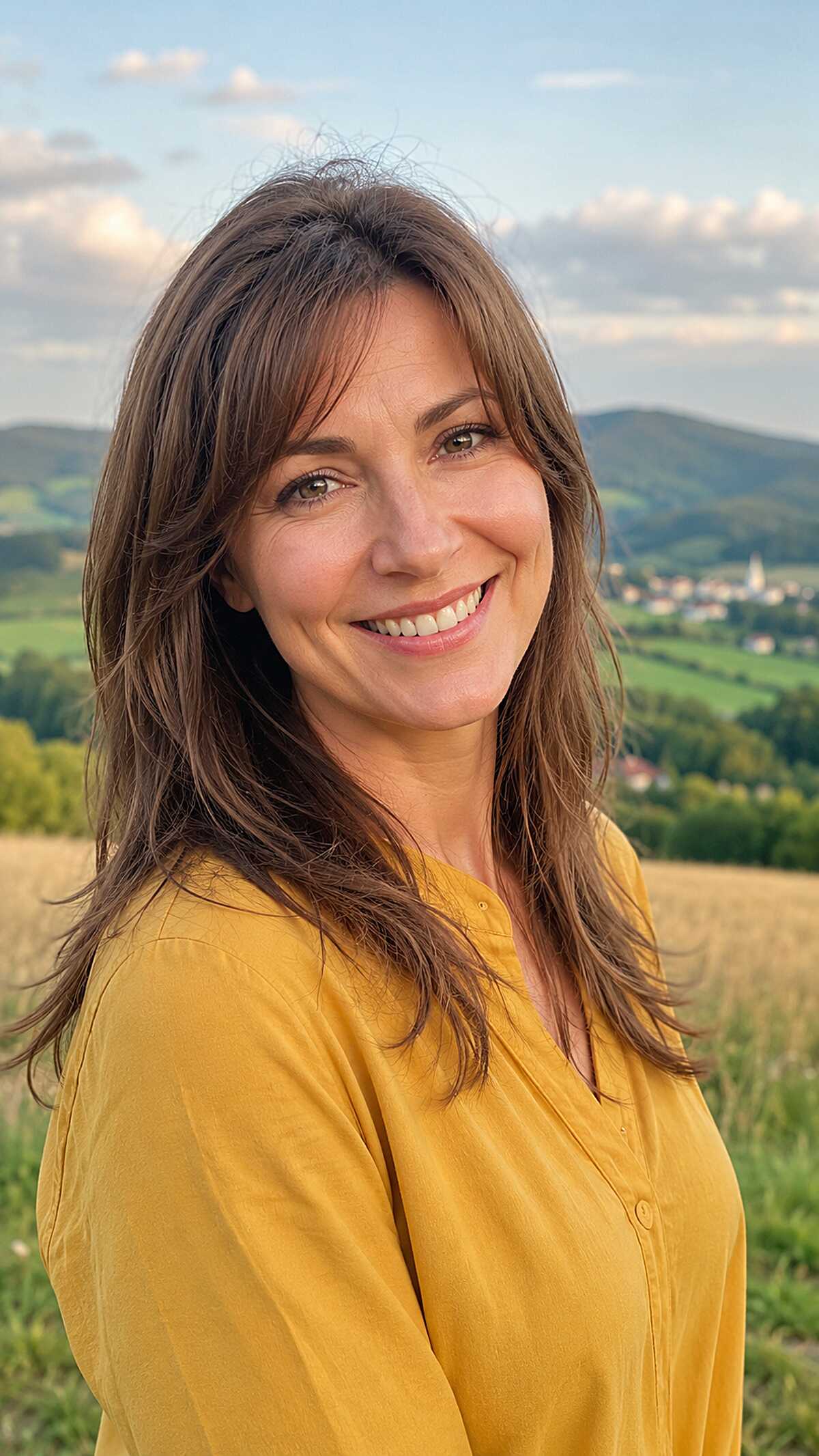 Medium brunette layered hair with wispy curtain bangs