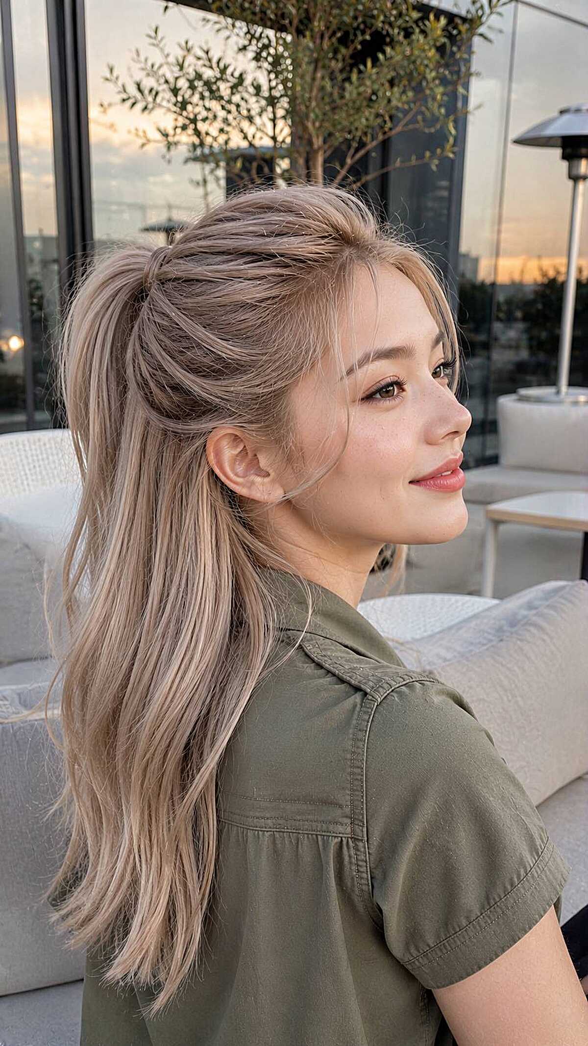 High ponytail with volume on ash blonde hair at sunset