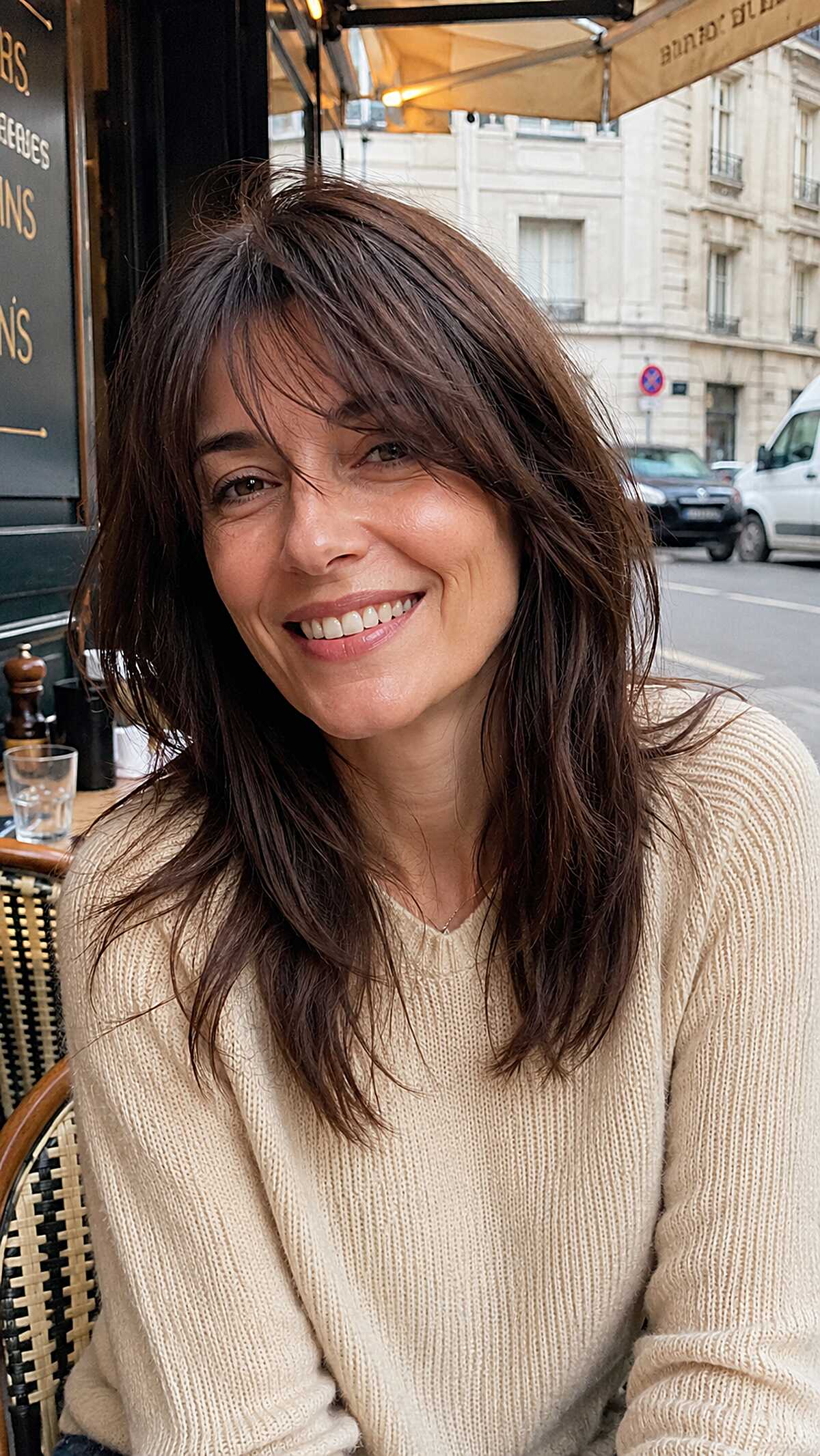 Lived-In Brunette Shag with Wispy Curtain Bangs