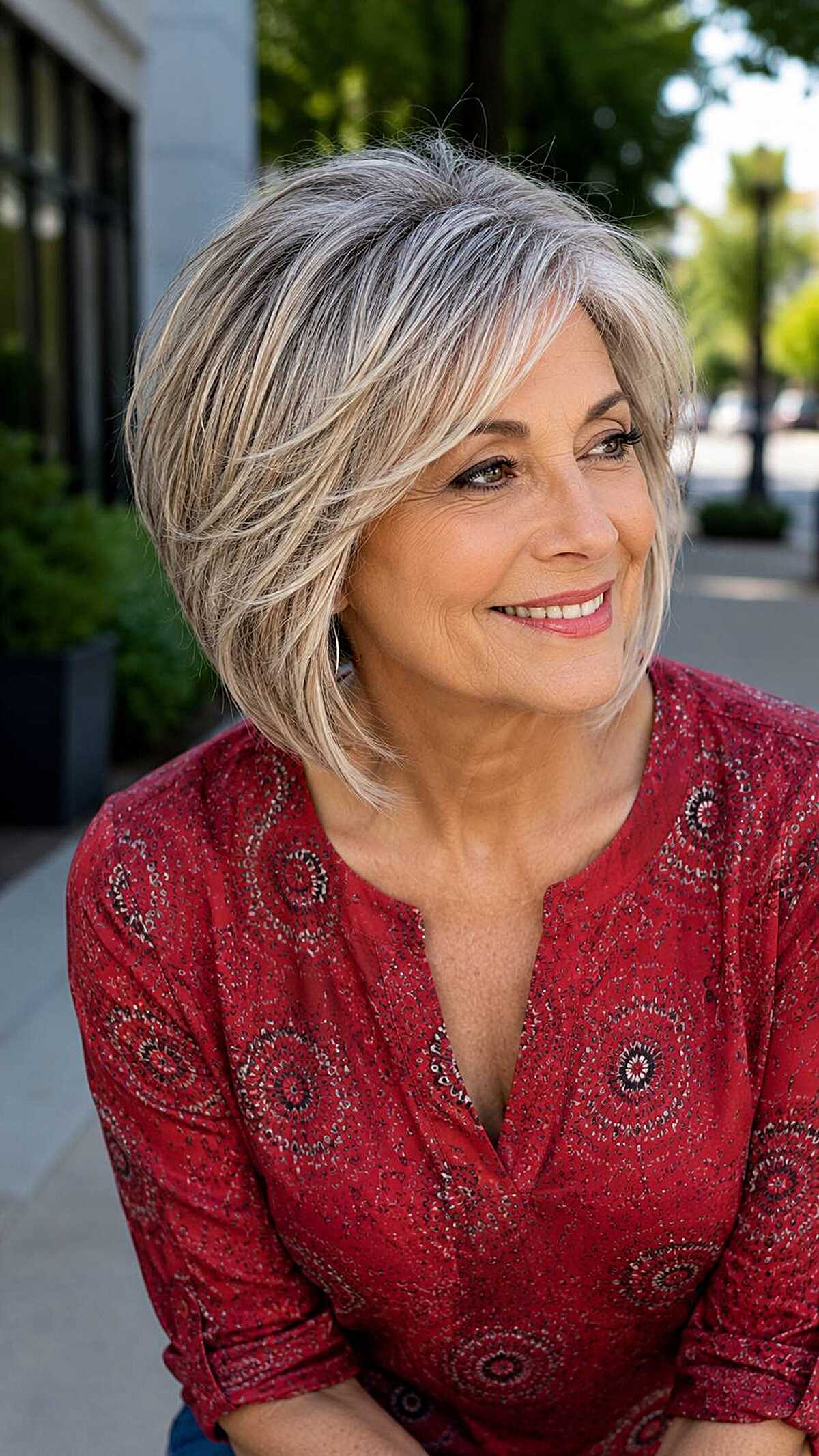 Lived-in gray blonde A-line bob with flippy layers