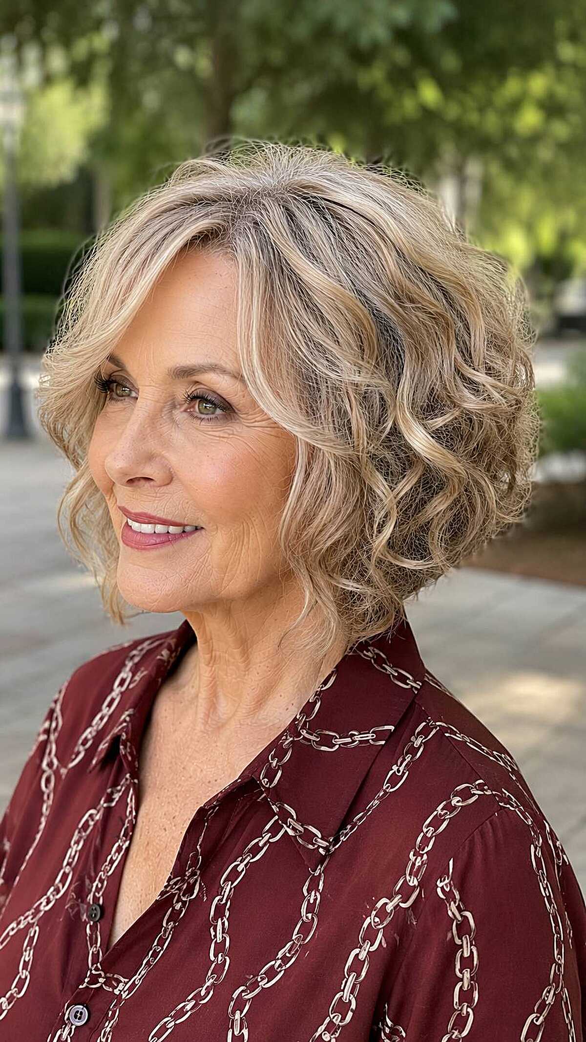 Loose curled sandy blonde A-line bob