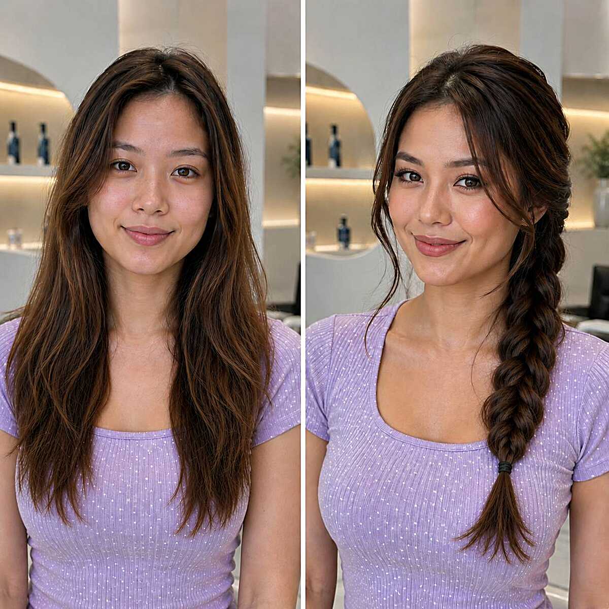Before and after of loose hair to a pulled-apart side braid