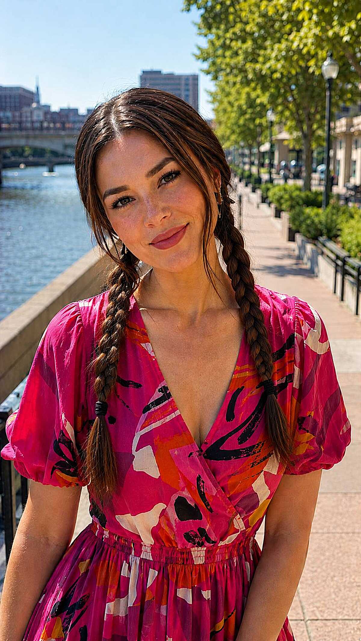 Two simple braids with a center part on brunette hair