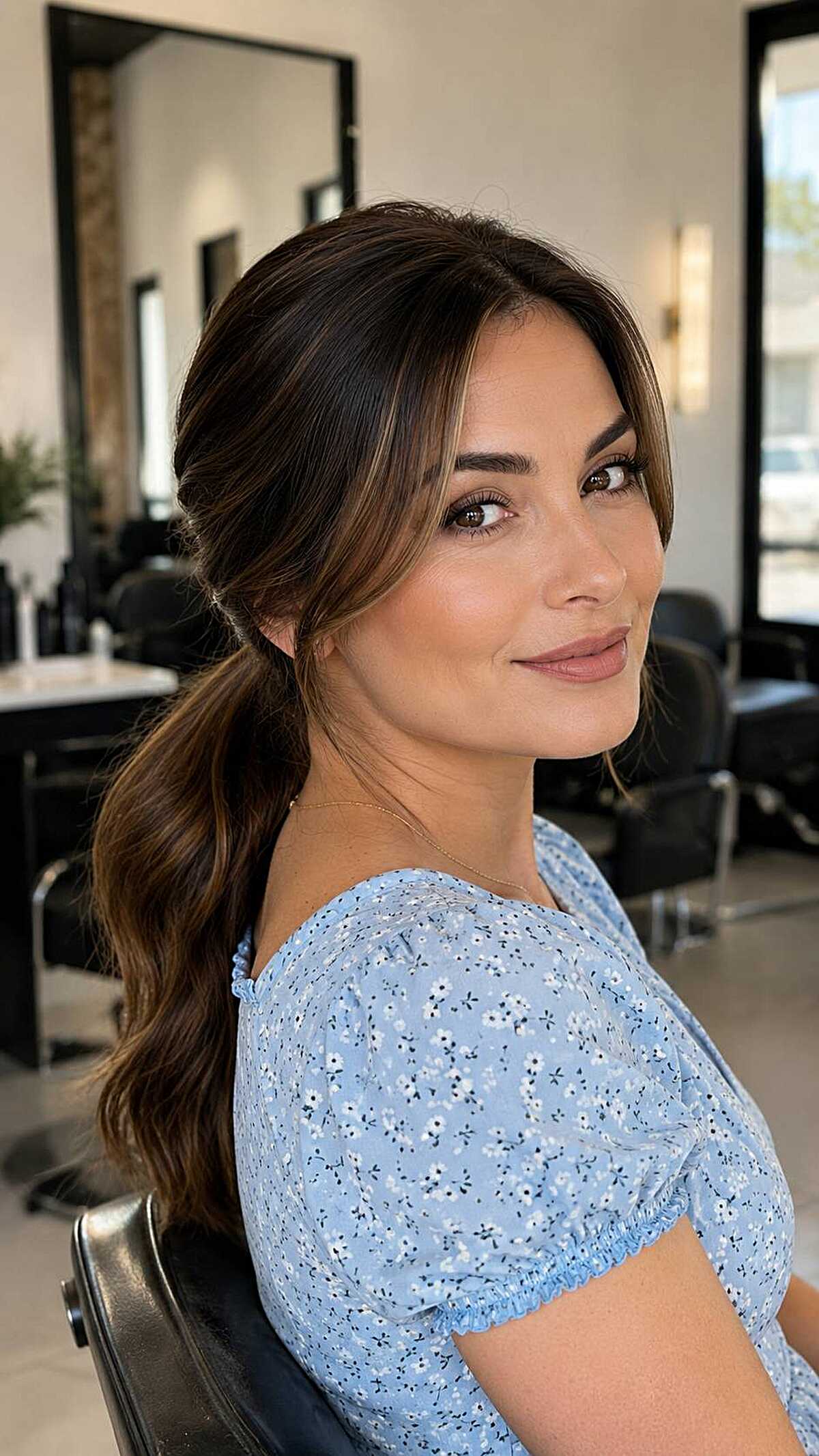 Low wavy ponytail with face-framing curtain layers