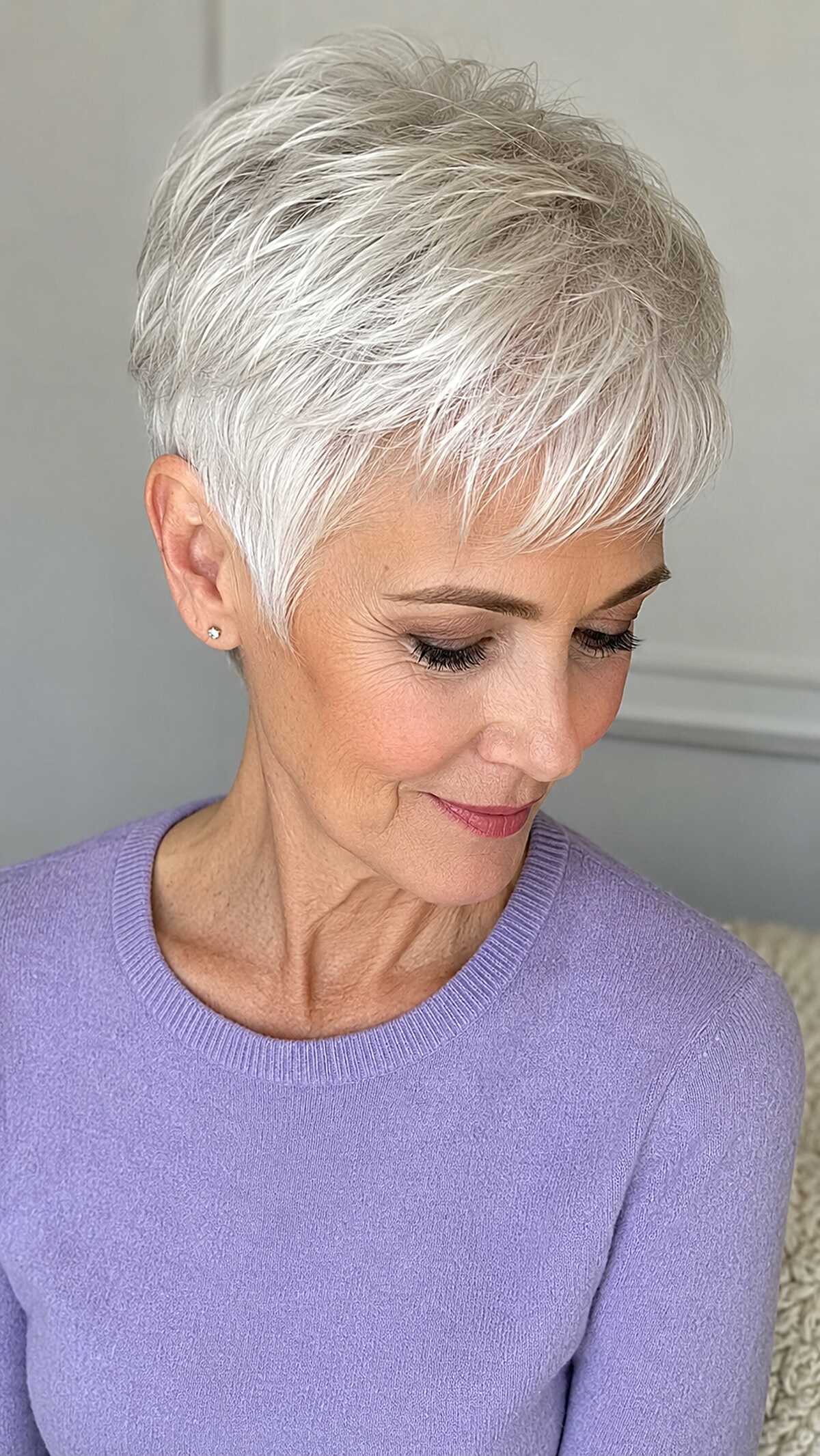 Soft white feathered pixie on woman looking down