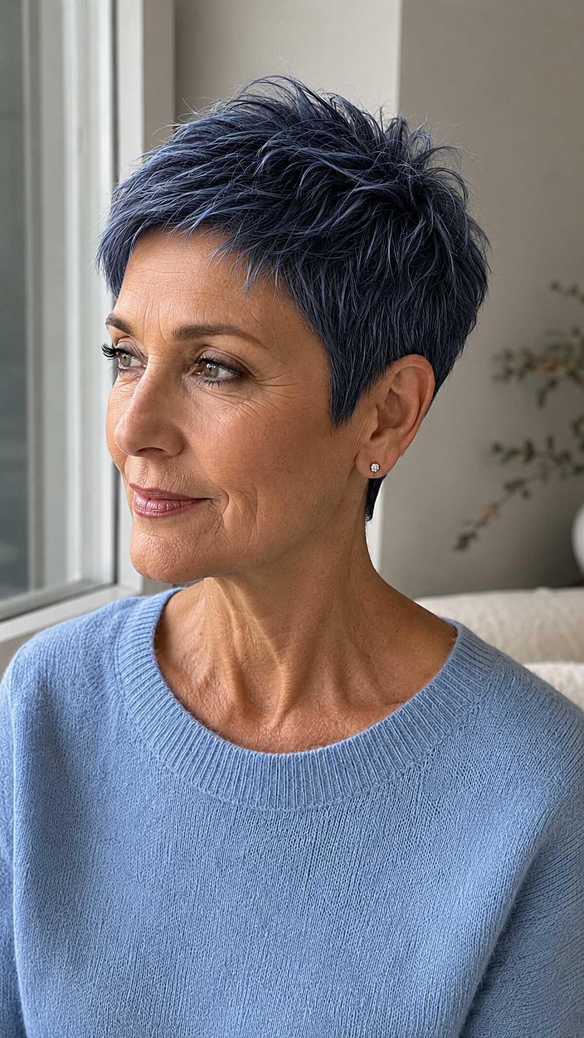 Dark blue-black choppy pixie cut on woman over 60