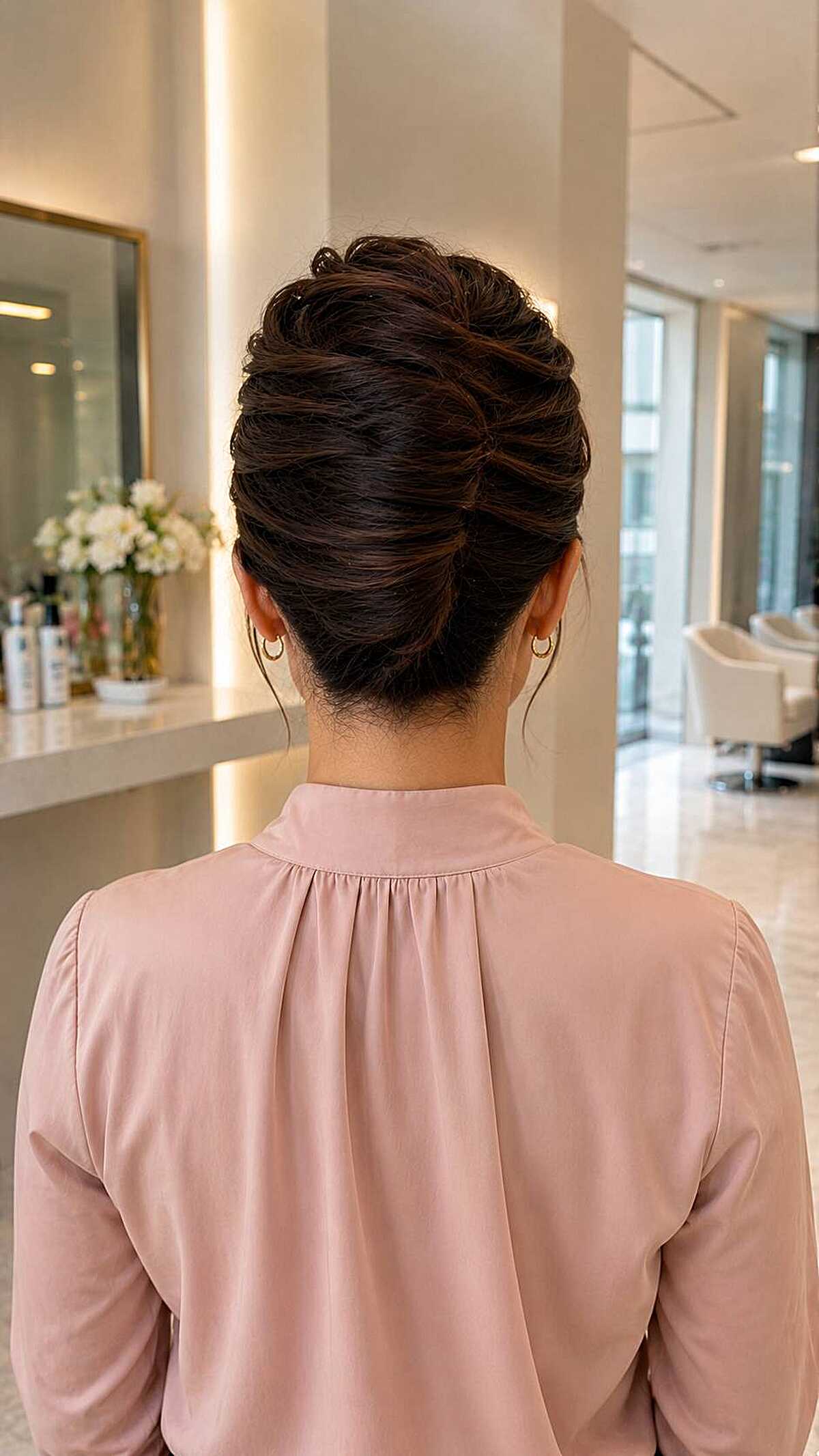 Textured French twist updo on dark brunette hair