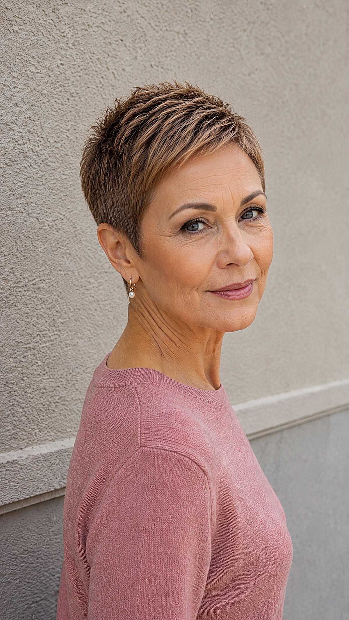 Very short tapered brunette pixie cut with highlights