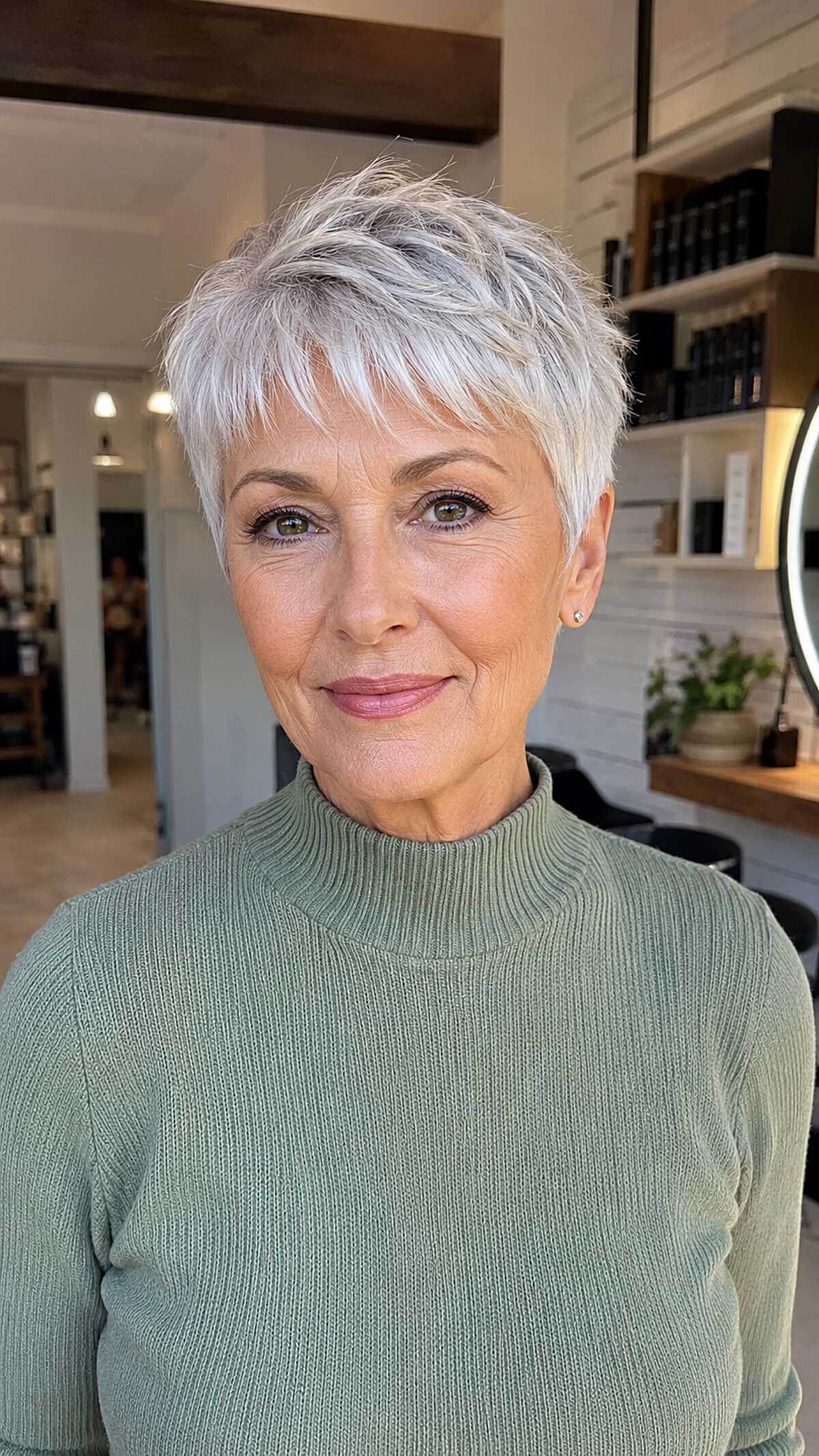 Platinum silver wispy pixie with layered fringe