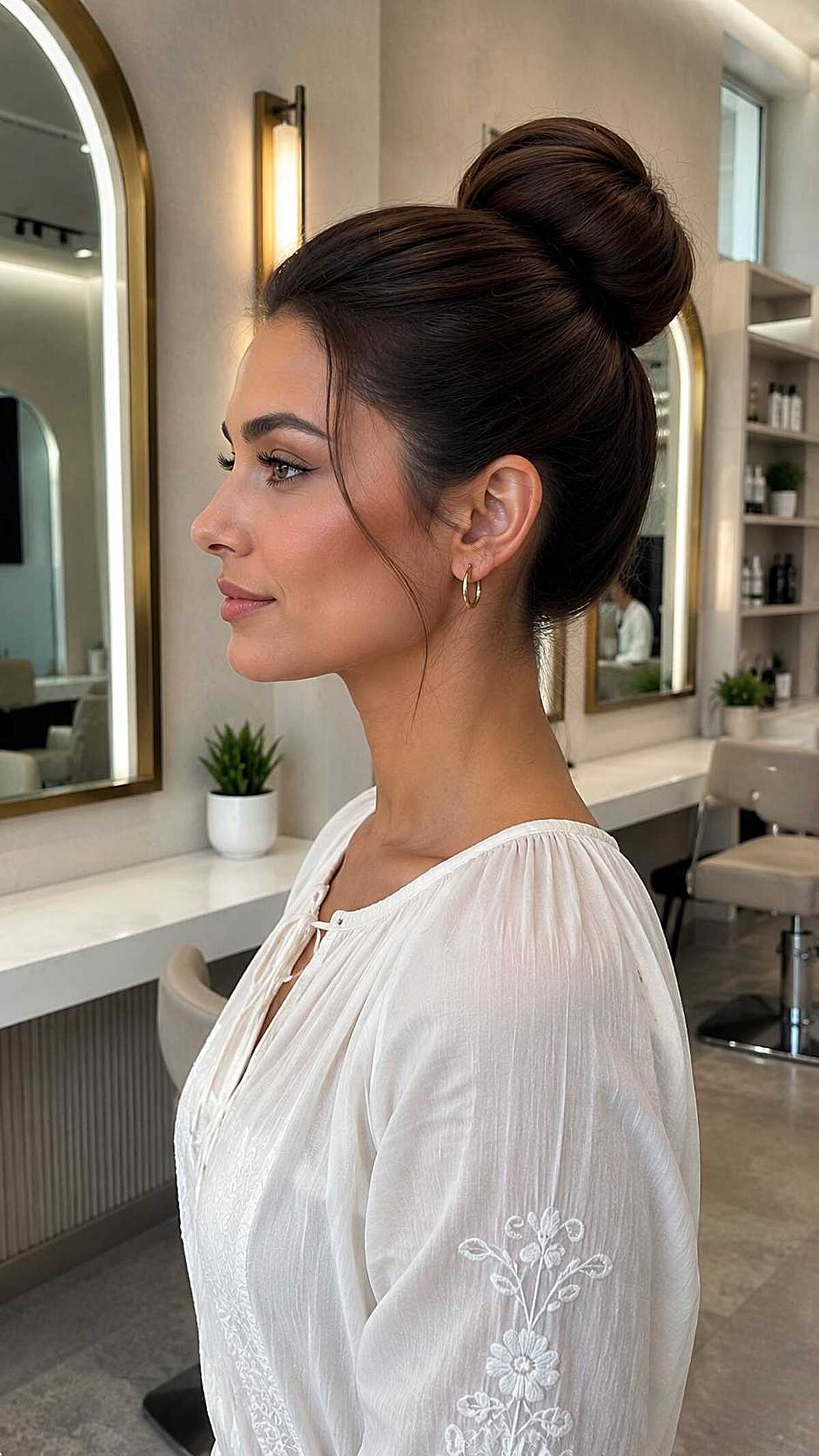 Smooth high ballerina bun on dark brunette hair