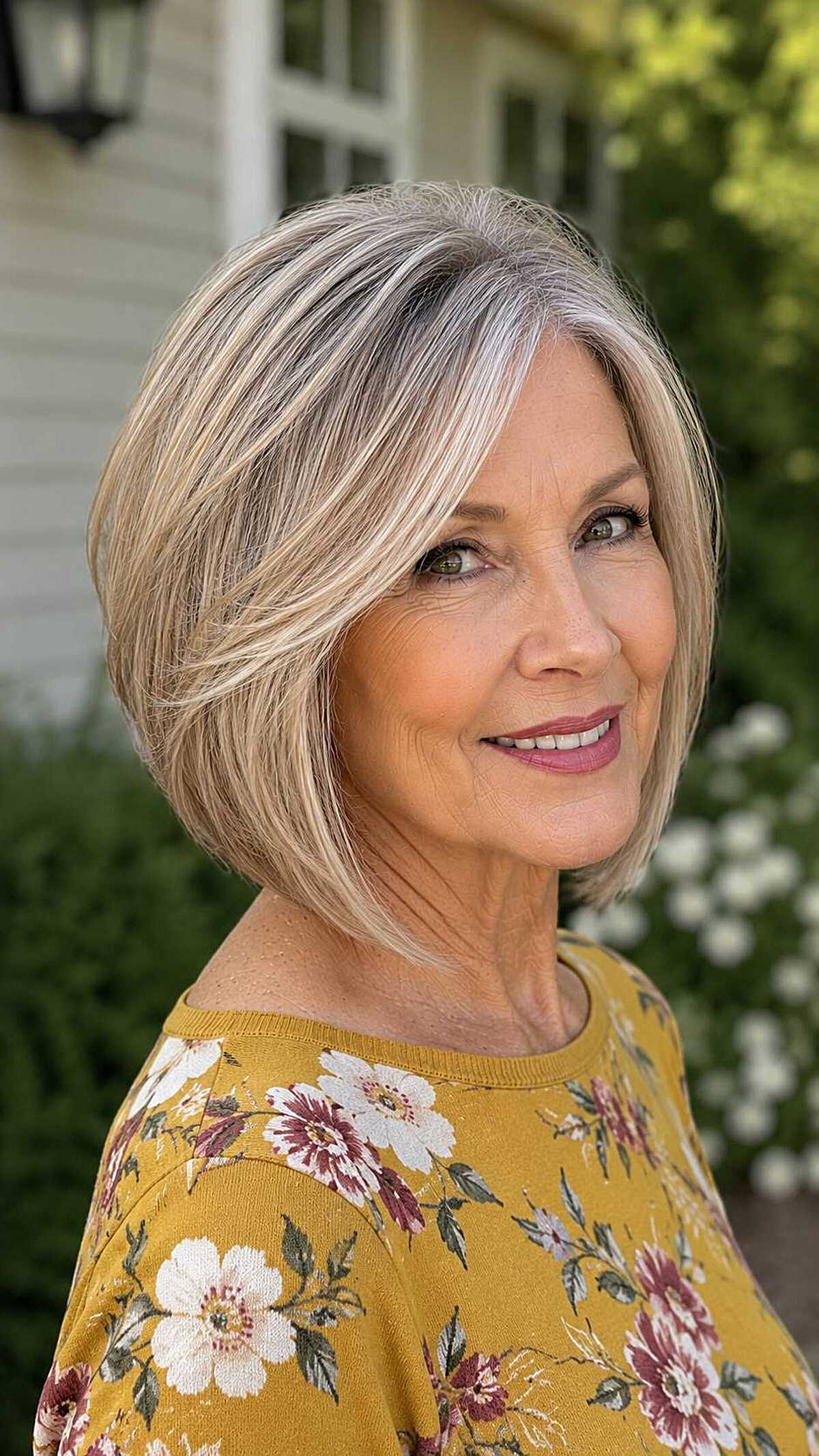 Polished blonde A-line bob with silver root blend