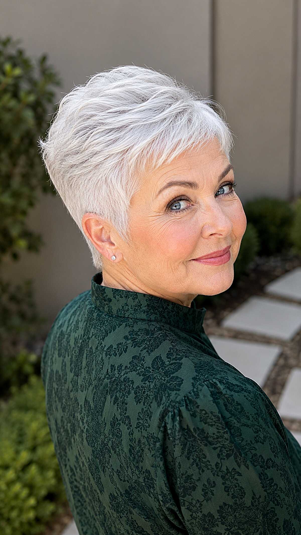 Elegant platinum white pixie swept back on older woman