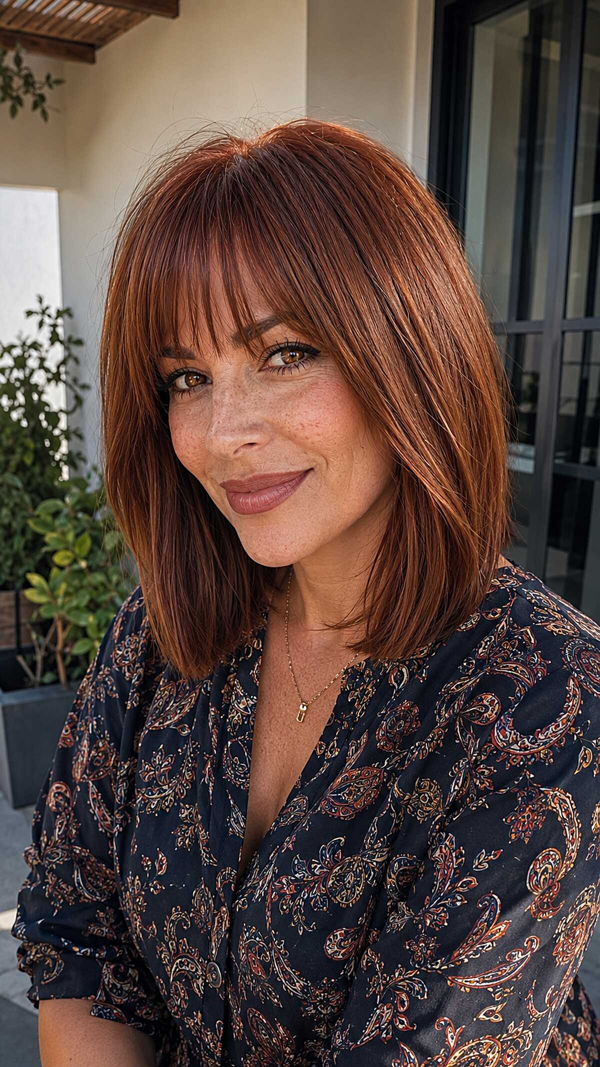 Rich copper red lob with blunt straight bangs
