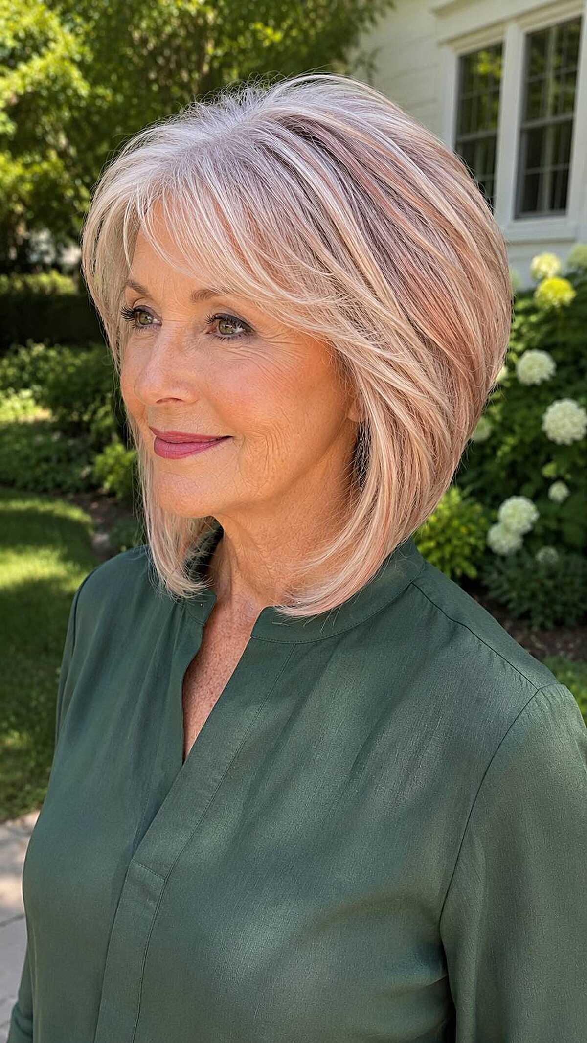 Rose blonde layered A-line bob with face framing